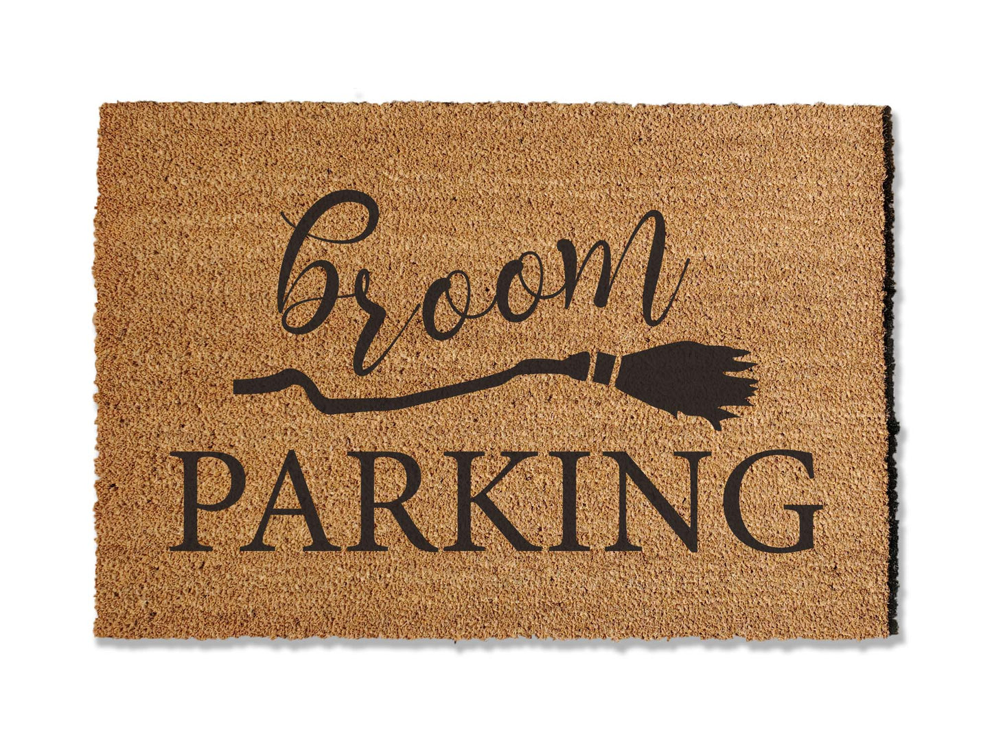 1/2 inch thick coir doormat featuring a funny Halloween doormat saying broom parking, adding a touch of intrigue to your entryway. Highly effective at trapping dirt, this mat combines functionality with a unique and eye-catching aesthetic to elevate your doorstep.
