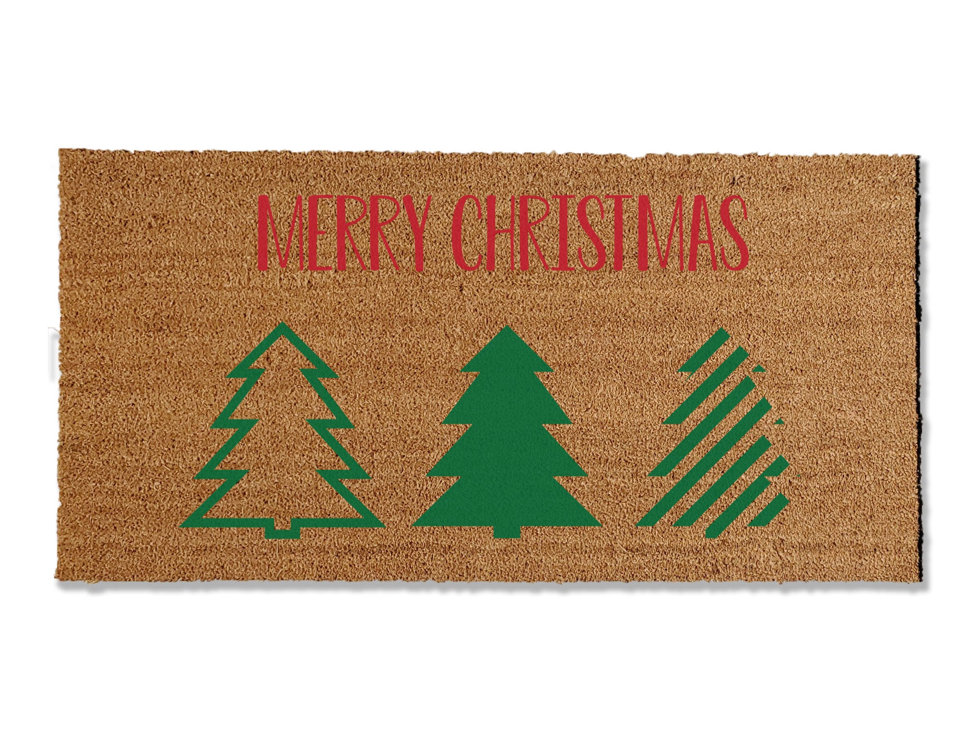 Embrace the holiday spirit with our seasonal coir doormat featuring Christmas trees and the greeting 'Merry Christmas.' Perfect for the festive season, this mat adds a touch of holiday cheer to your doorstep. Available in multiple sizes, it not only enhances your entryway with seasonal charm but also effectively traps dirt.