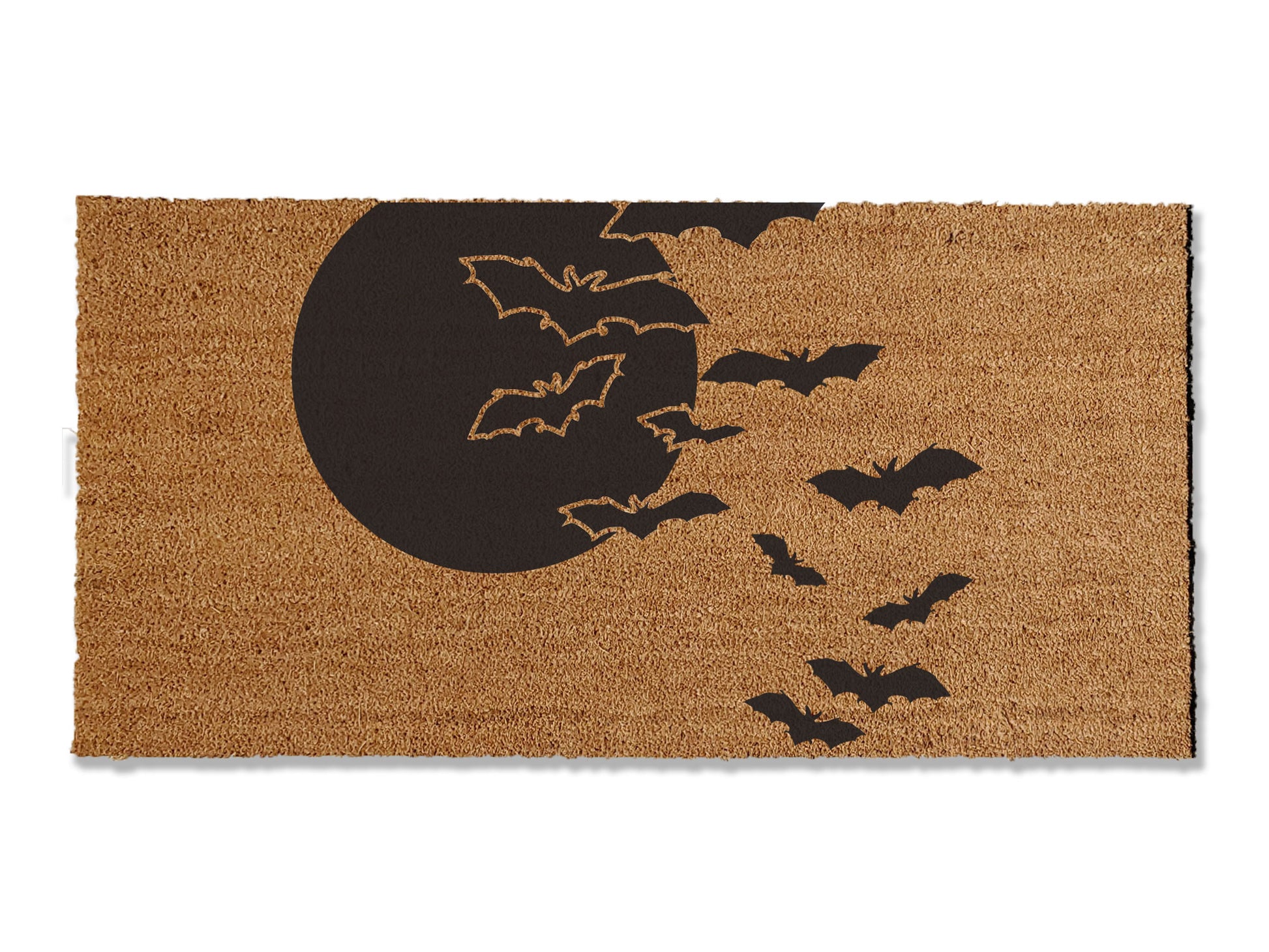 A coir doormat that is 24 inches by 36 inches and has a colony of bats flying towards a full moon painted on it.