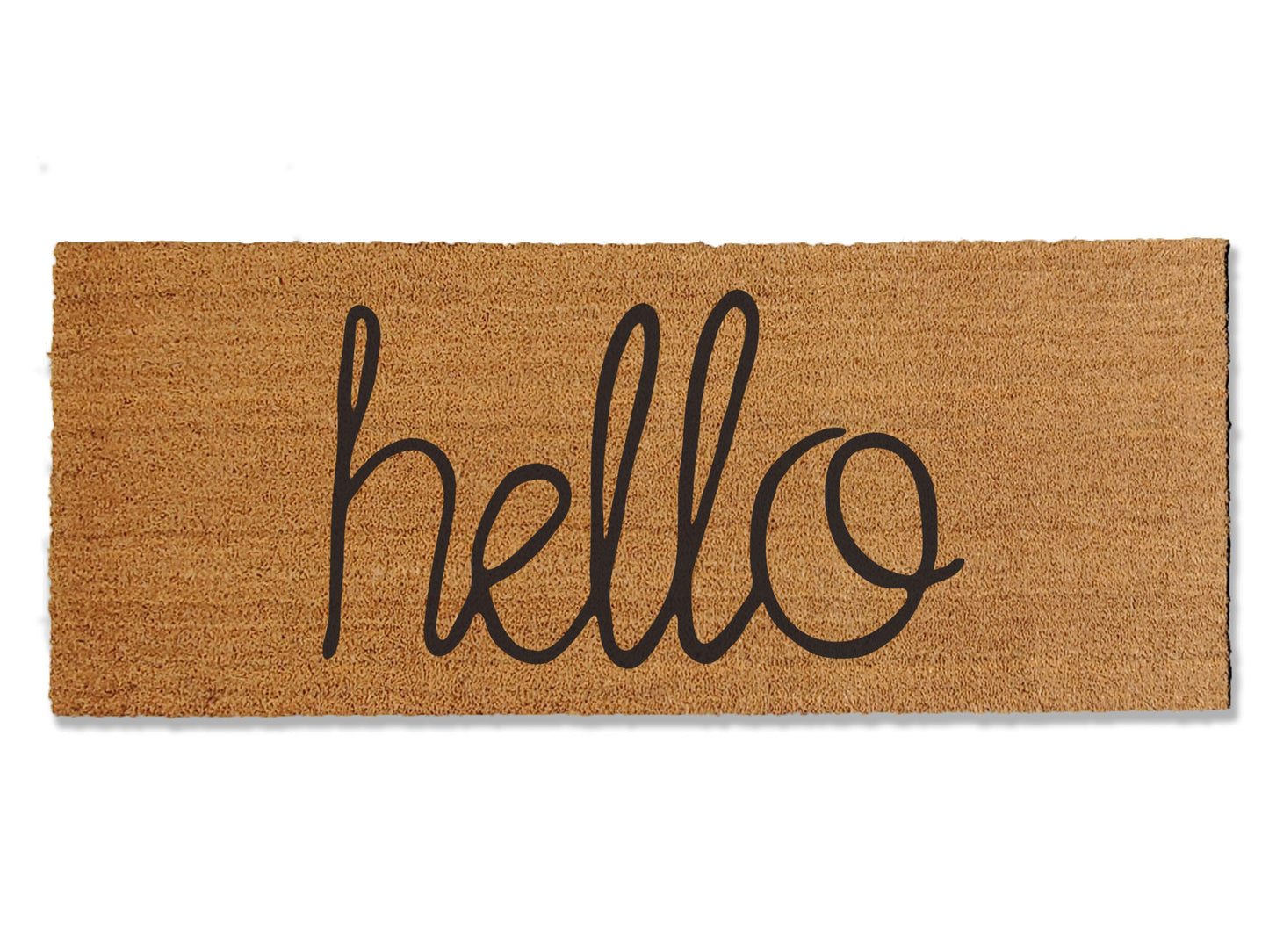 Invite warmth with our coir doormat featuring a hand-written 'Hello' greeting. Offered in multiple sizes, this versatile mat is ideal for year-round use, adding an elegant touch to your entryway. Beyond elevating your home's entrance, it serves as an effective barrier, preventing dirt from entering your space.