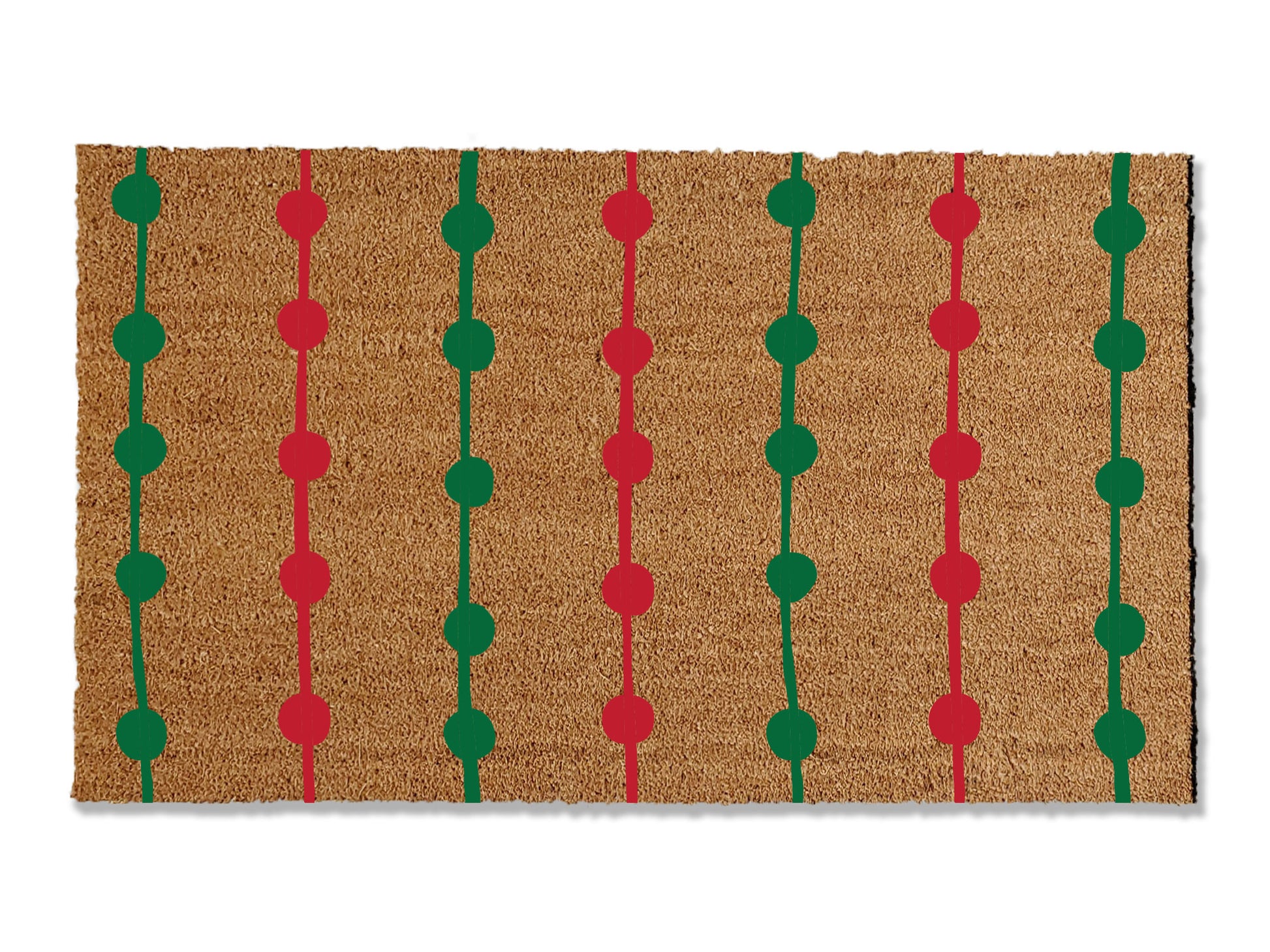 1/2 inch thick coir doormat adorned with festive strings of red and green Christmas lights. Perfect for elevating your entryway this holiday season, this decorative mat not only adds holidaycharm but is also highly effective at trapping dirt, ensuring a festive and tidy welcome."