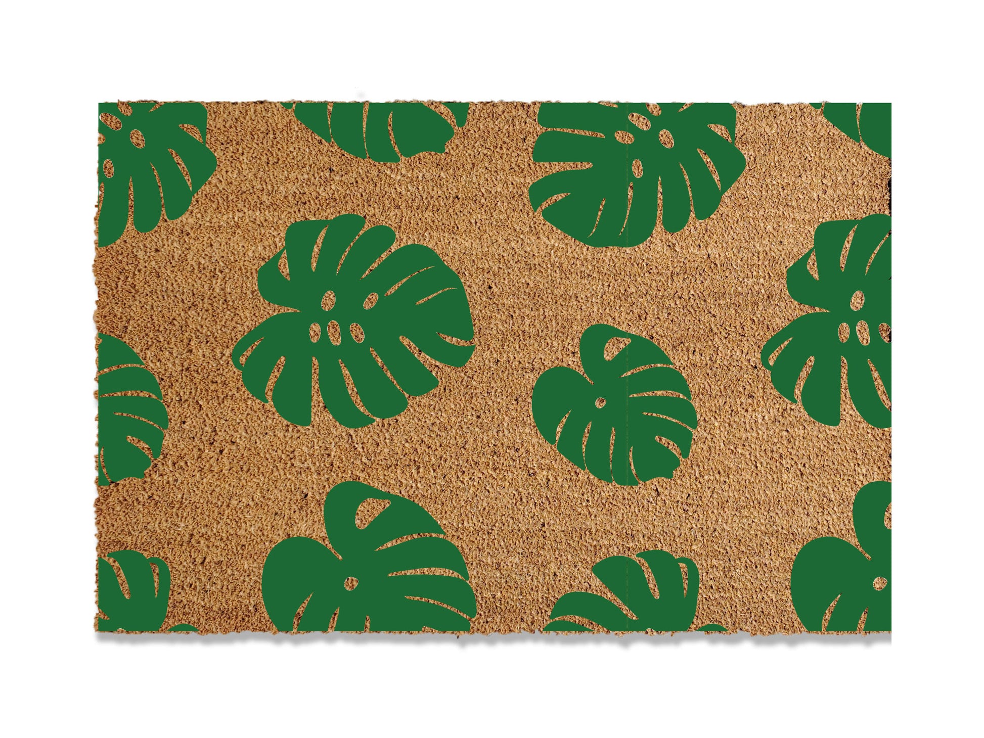 Transform your entrance with our coir doormat showcasing an all-over monstera leaf pattern. The perfect touch for a beach or tropical vibe, this stylish mat is available in multiple sizes and colors. Beyond its aesthetic appeal, it excels at trapping dirt, making it a functional and fashionable addition to enhance your entryway.
