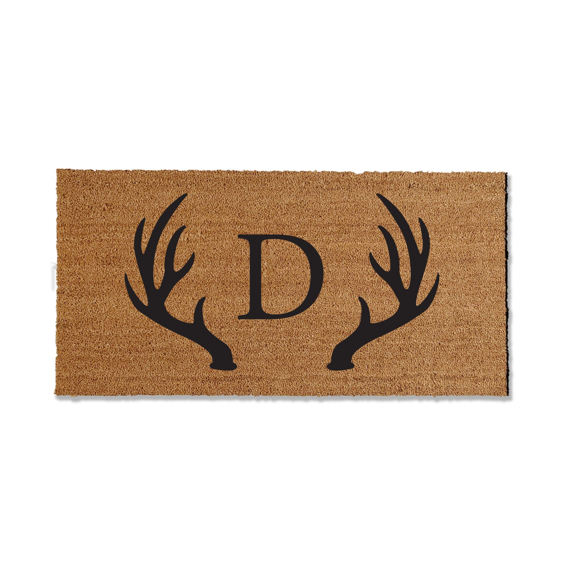 Elevate your entryway with our custom coir doormat, offered in various sizes. Featuring your last name initial in the center, framed by antlers, this personalized touch adds a warm and inviting atmosphere to your home.