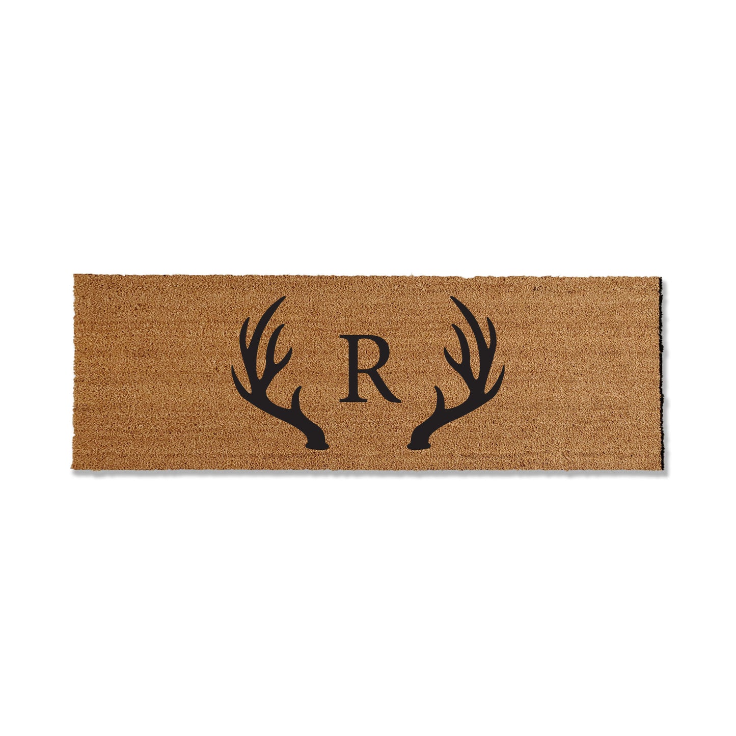 Elevate your entryway with our custom coir doormat, offered in various sizes. Featuring your last name initial in the center, framed by antlers, this personalized touch adds a warm and inviting atmosphere to your home.