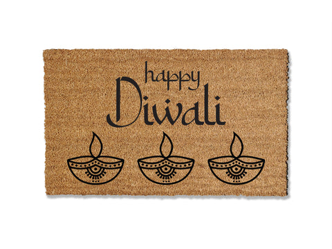 Illuminate your entryway with our festive coir doormat wishing 'Happy Diwali,' celebrating the Festival of Lights. Available in various sizes, it's the perfect way to welcome guests during this wonderful time of year.