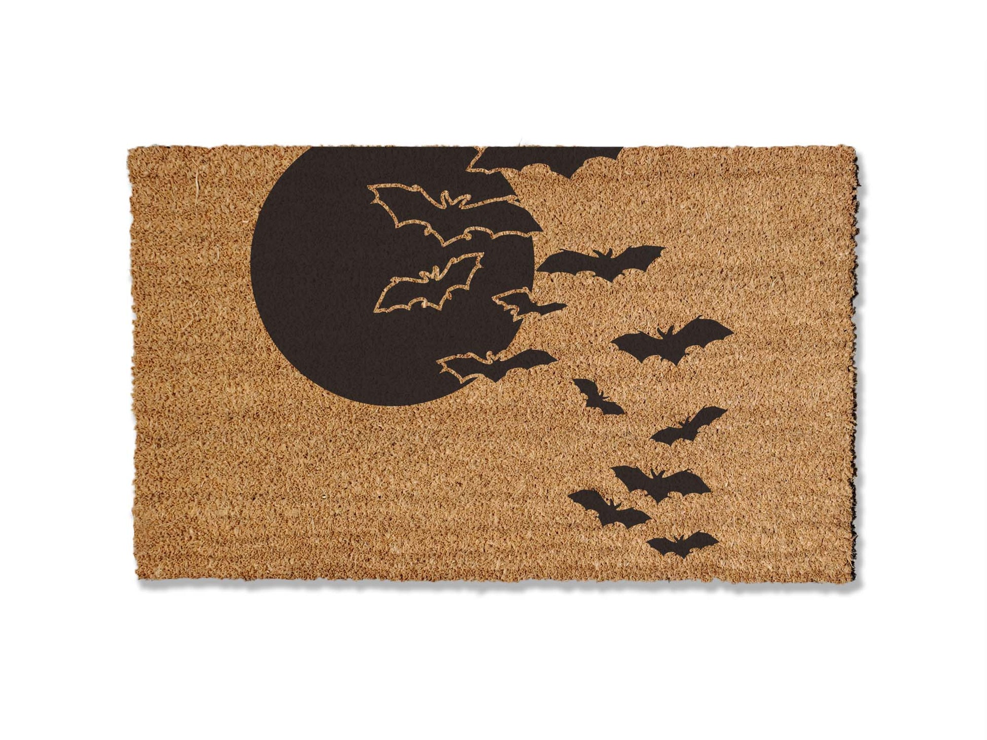 A coir doormat that is 18 inches by 30 inches and has a colony of bats flying towards a full moon painted on it.