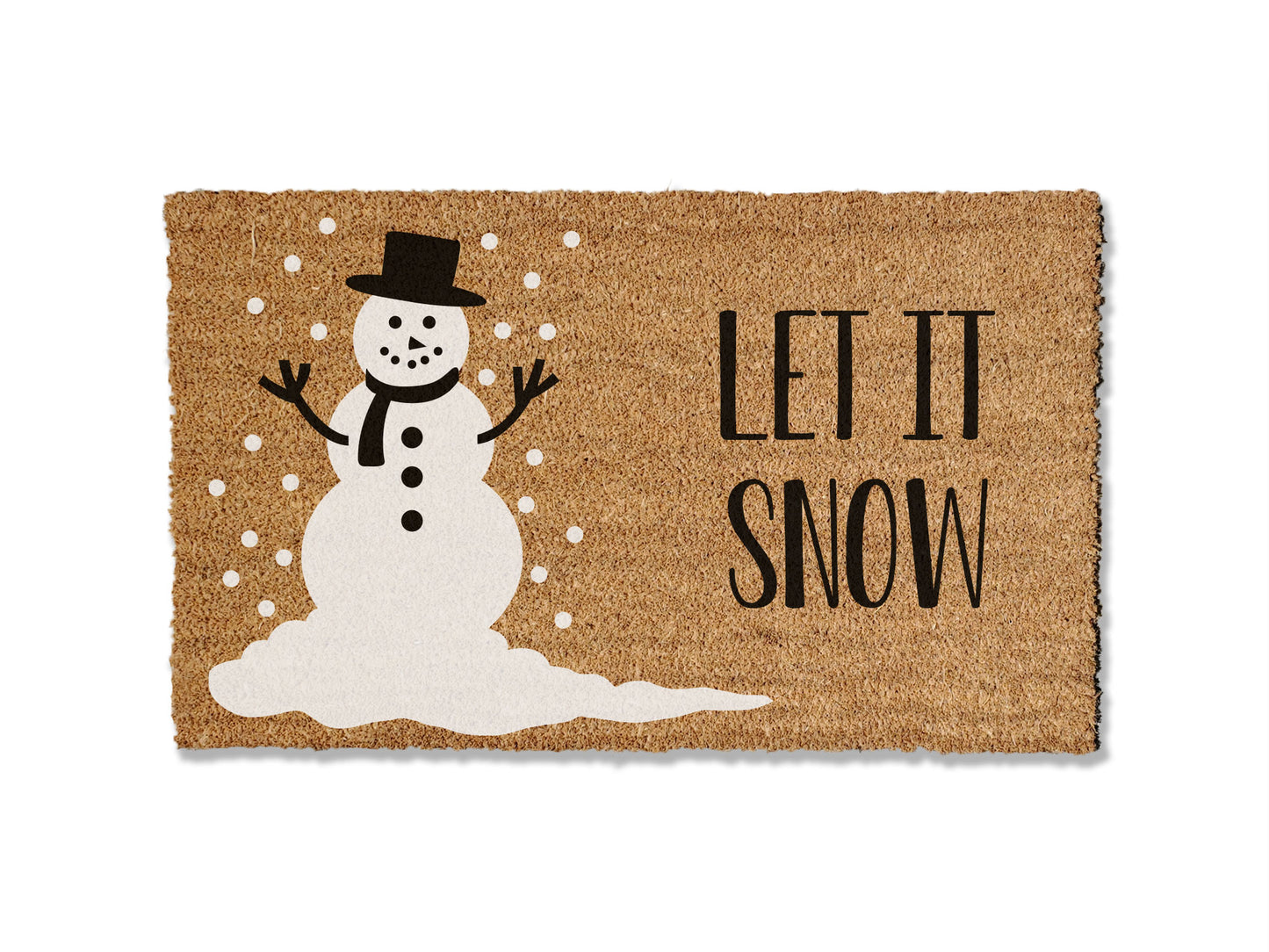 Embrace the winter season with our festive coir doormat featuring a snowman and the phrase 'Let It Snow.' Perfect for the holidays, this popular design adds a whimsical touch to your doorstep. Available in multiple sizes, this mat is not only stylish but also effective at trapping dirt.