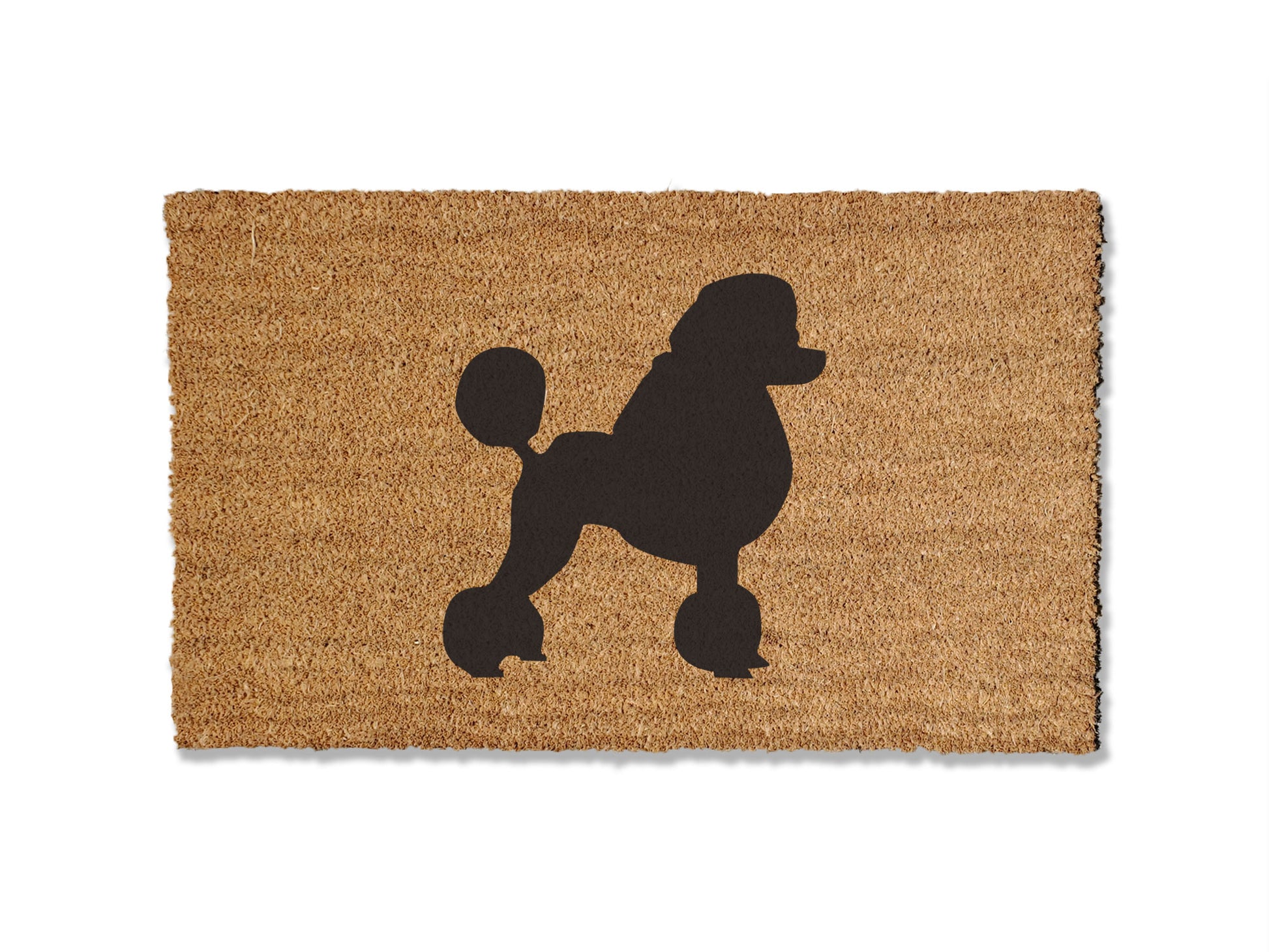 Coir doormat featuring an adorable Poodle design, ideal for dog lovers. This doormat is not only charming but also effective at trapping dirt. Available in multiple sizes to suit your entryway needs.