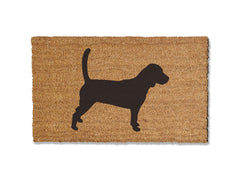 A coir doormat that is 18 inches by 30 inches with the silhouette of a beagle painted on it.