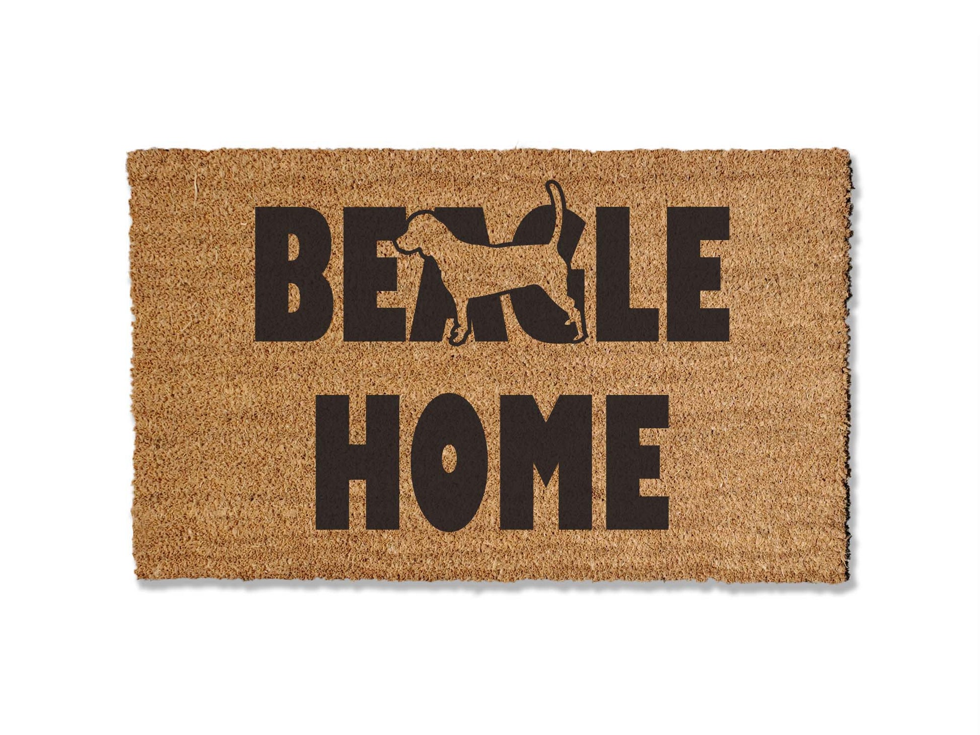 A coir doormat that is 18 inches by 30 inches what the text BEAGLE HOME on it and the silhouette of a beagle.