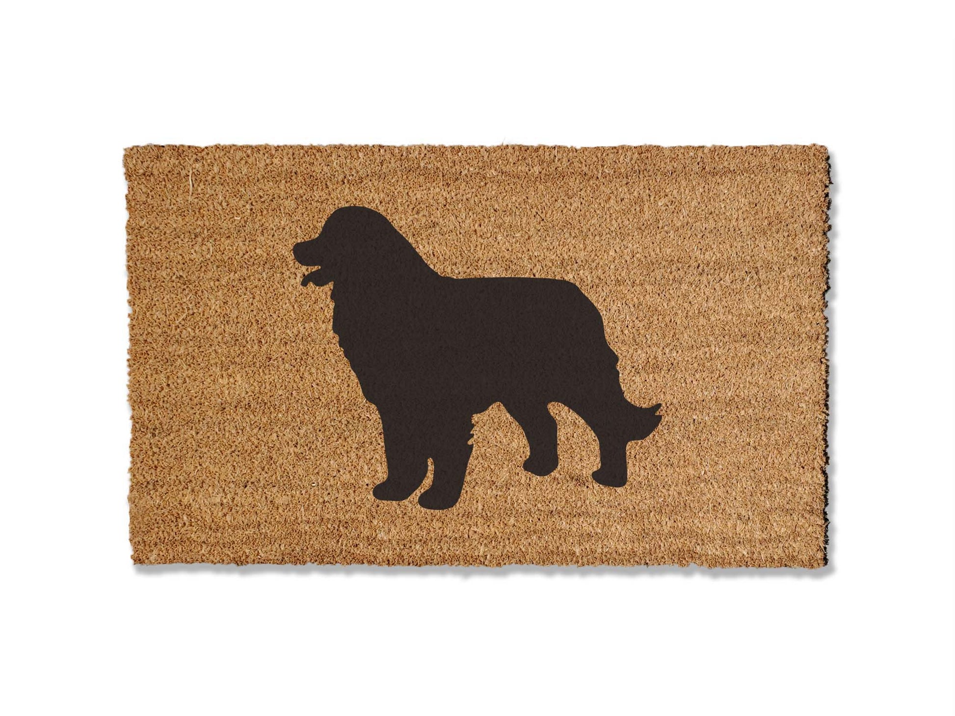 A coir doormat that is 18 inches by 30 inches with the silhouette of a Bernese Mountain Dog painted on it.