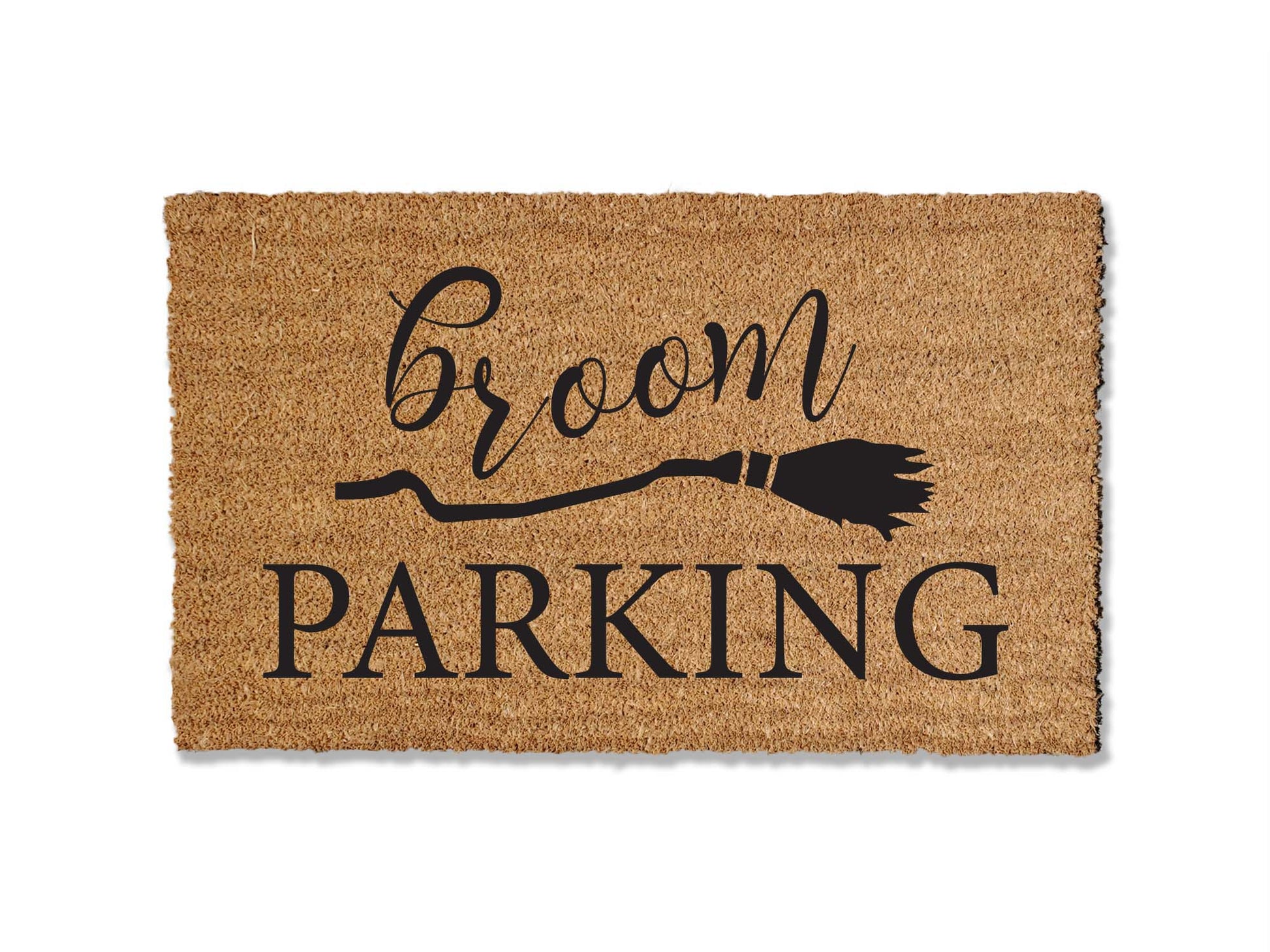 1/2 inch thick coir doormat featuring a funny Halloween doormat saying broom parking, adding a touch of intrigue to your entryway. Highly effective at trapping dirt, this mat combines functionality with a unique and eye-catching aesthetic to elevate your doorstep.