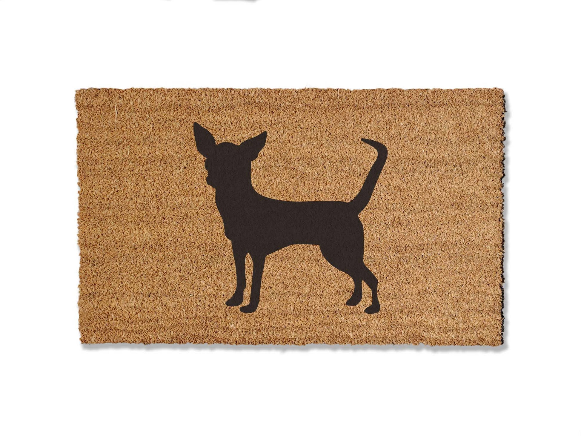 Custom 1/2 inch thick coir doormat featuring a charming chihuahua design. Personalize your entryway with this delightful mat, which not only adds a touch of canine charm but is also highly effective at trapping dirt, ensuring a clean and inviting home.