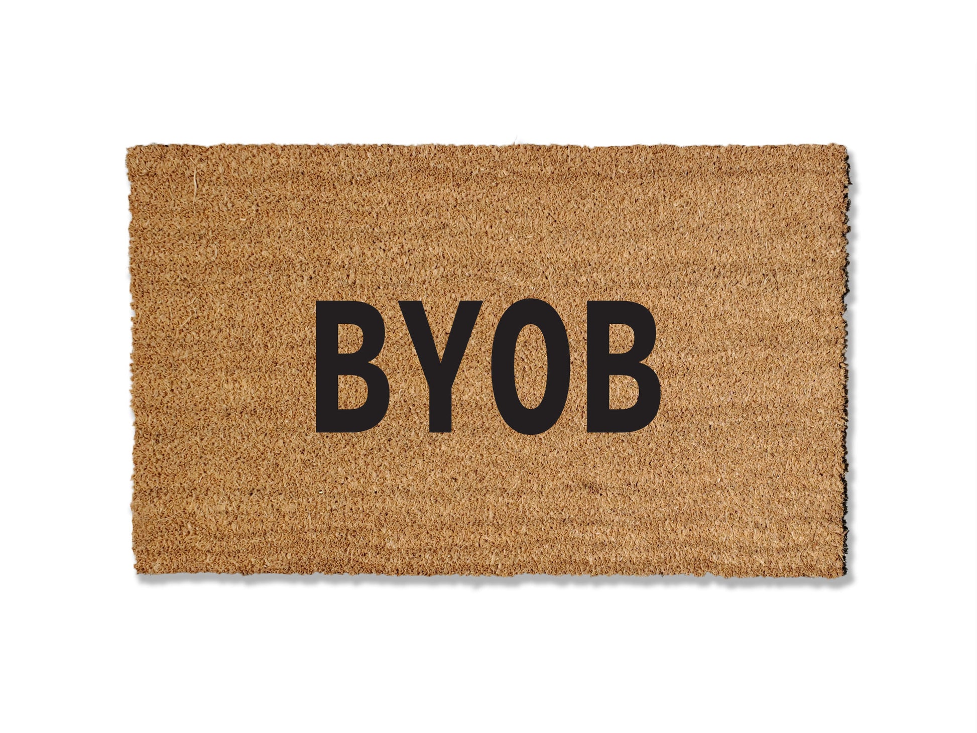 Custom 1/2 inch thick coir doormat with a playful 'BYOB' design, perfect for football season. This personalized mat adds a touch of fun to your entryway while efficiently trapping dirt, making it a stylish and functional choice for welcoming guests during the sports season.