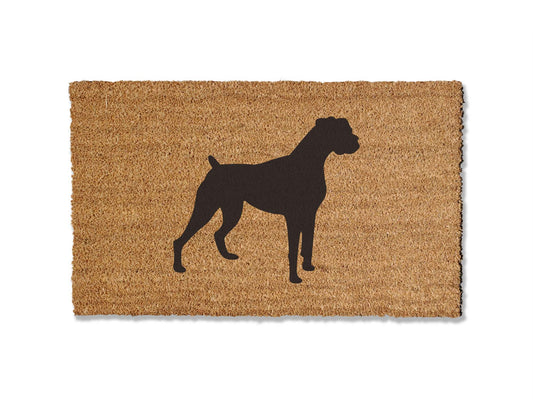 Custom 1/2 inch thick coir doormat featuring a charming boxer dog design. Personalize your entryway with this delightful mat, which not only adds a touch of canine charm but is also highly effective at trapping dirt, ensuring a clean and inviting home.