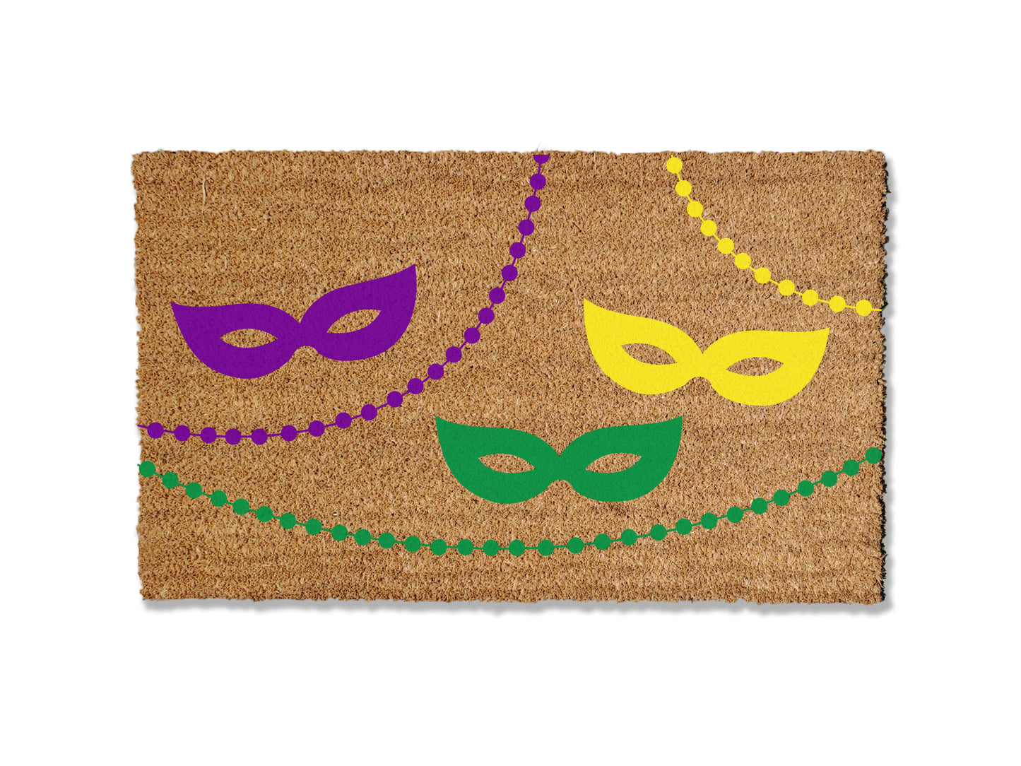 Bring the spirit of Mardi Gras to your doorstep with our festive coir doormat adorned with colorful masks and beads. Perfect for the celebration, this vibrant mat adds a touch of carnival flair to your entryway.