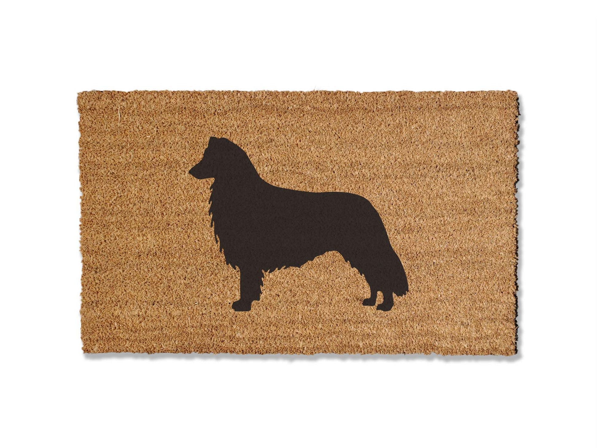 Custom 1/2 inch thick coir doormat featuring a charming border collie design. Personalize your entryway with this delightful mat, which not only adds a touch of canine charm but is also highly effective at trapping dirt, ensuring a clean and inviting home.