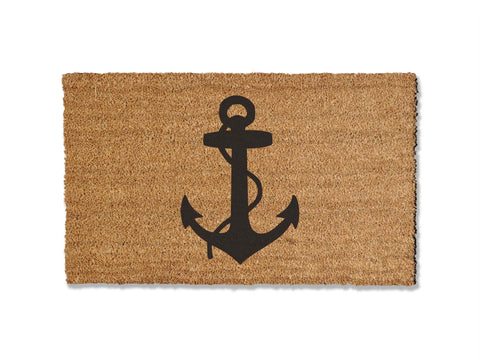 A coir doormat that is 18 inches by 30 inches and has a black anchor printed on it.