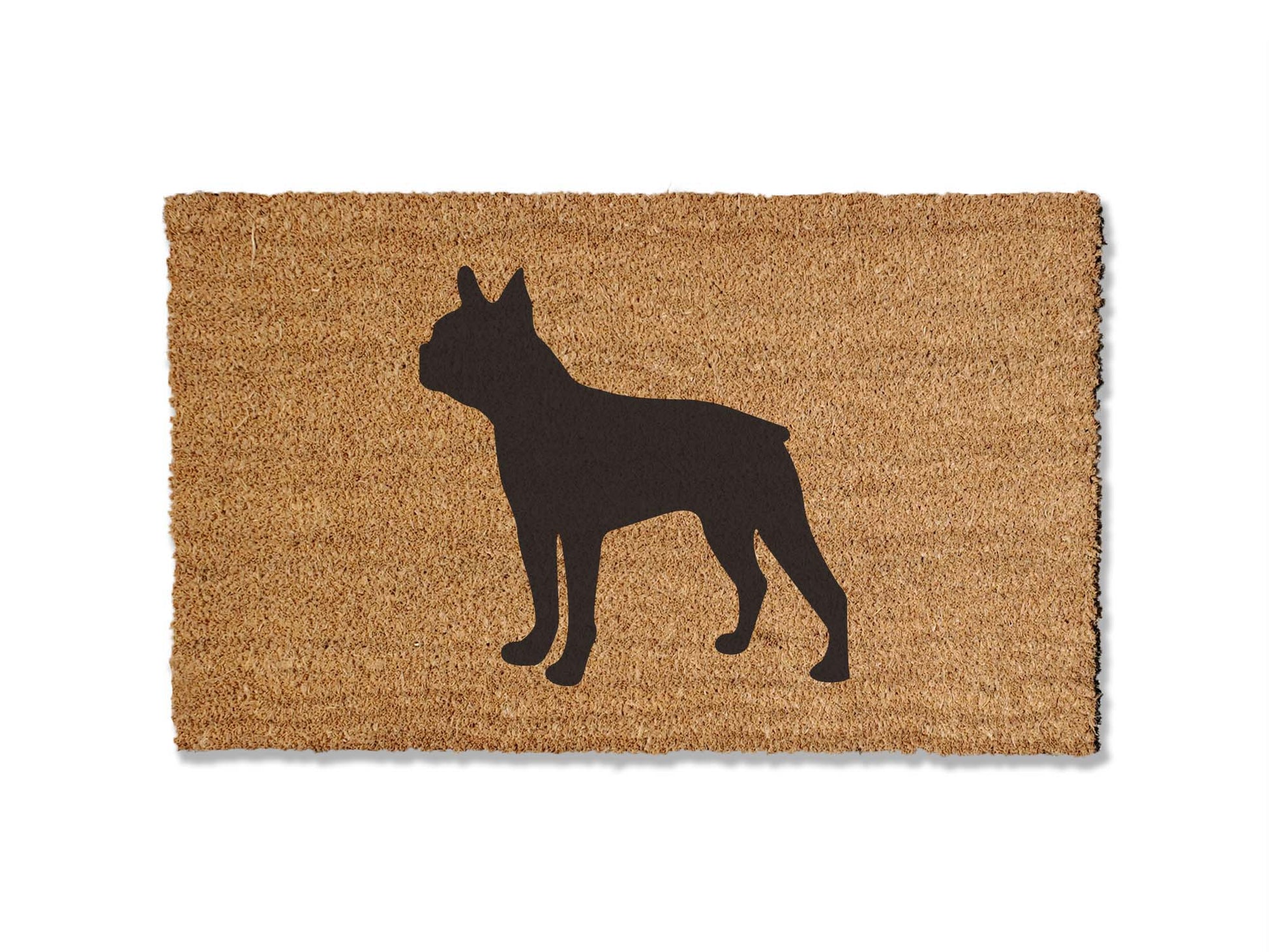 Custom 1/2 inch thick coir doormat featuring a charming boston terrier design. Personalize your entryway with this delightful mat, which not only adds a touch of canine charm but is also highly effective at trapping dirt, ensuring a clean and inviting home.