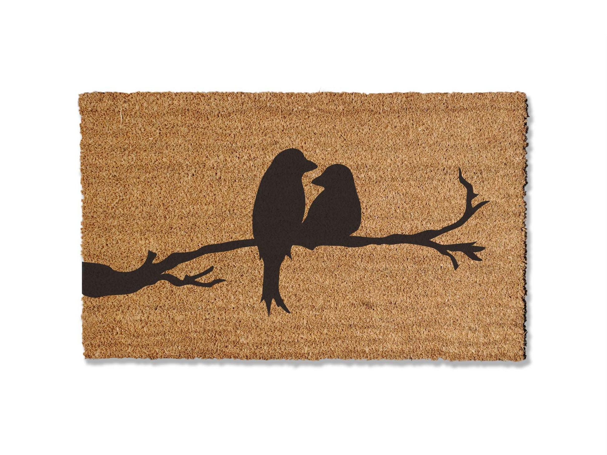 Personalized 1/2 inch thick coir doormat featuring a custom design of birds on a branch, with the option to add your house numbers on the birds. This unique mat not only adds a personalized touch to your entryway but also excels at trapping dirt, enhancing both style and functionality.