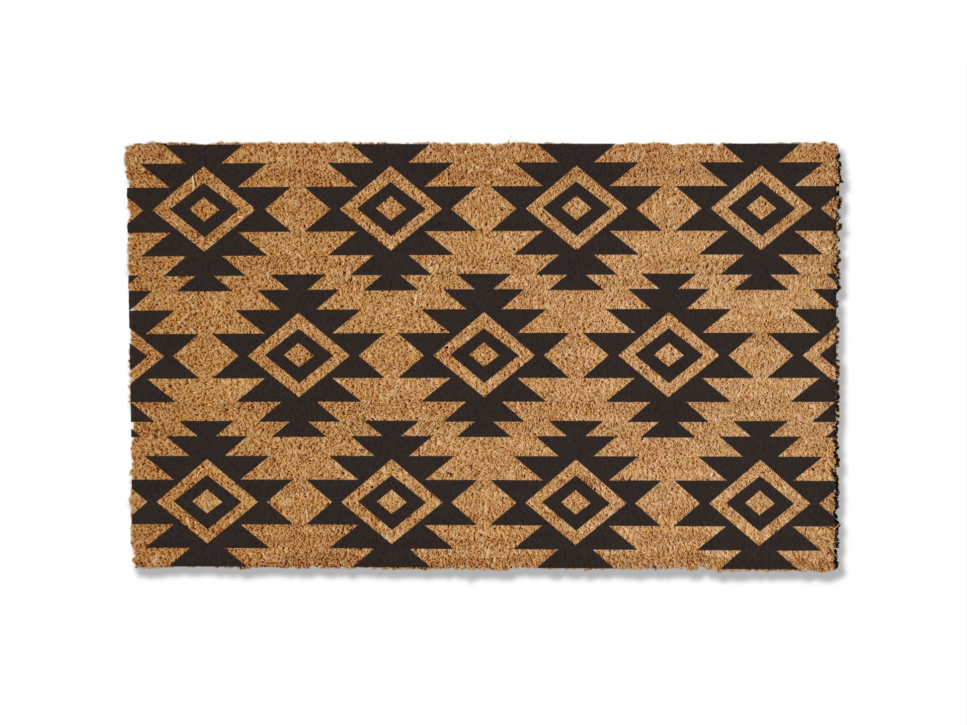 A coir doormat that is 18 inches by 30 inches and has a geometric aztec print painted on it.