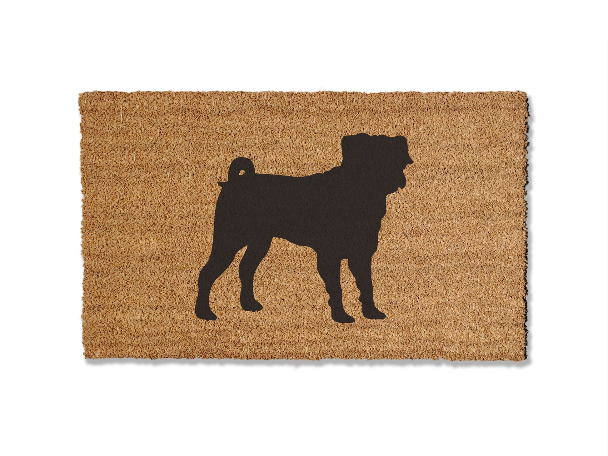 Coir doormat featuring an adorable Pug design, ideal for dog lovers. This doormat is not only charming but also effective at trapping dirt. Available in multiple sizes to suit your entryway needs.