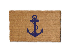 A coir doormat that is 18 inches by 30 inches and has a navy anchor printed on it.
