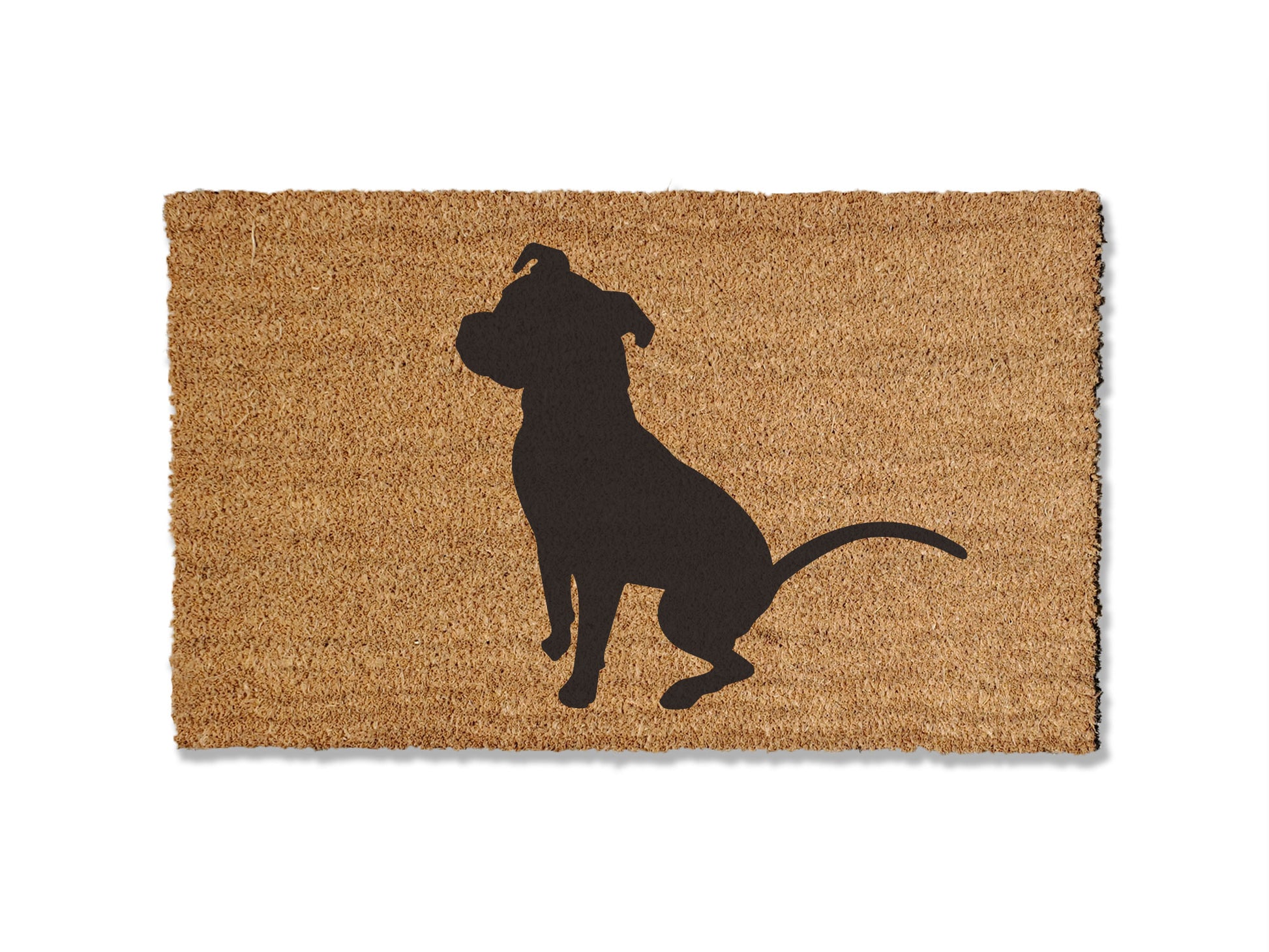 Coir doormat featuring an adorable pit bull design, ideal for dog lovers. This doormat is not only charming but also effective at trapping dirt. Available in multiple sizes to suit your entryway needs.