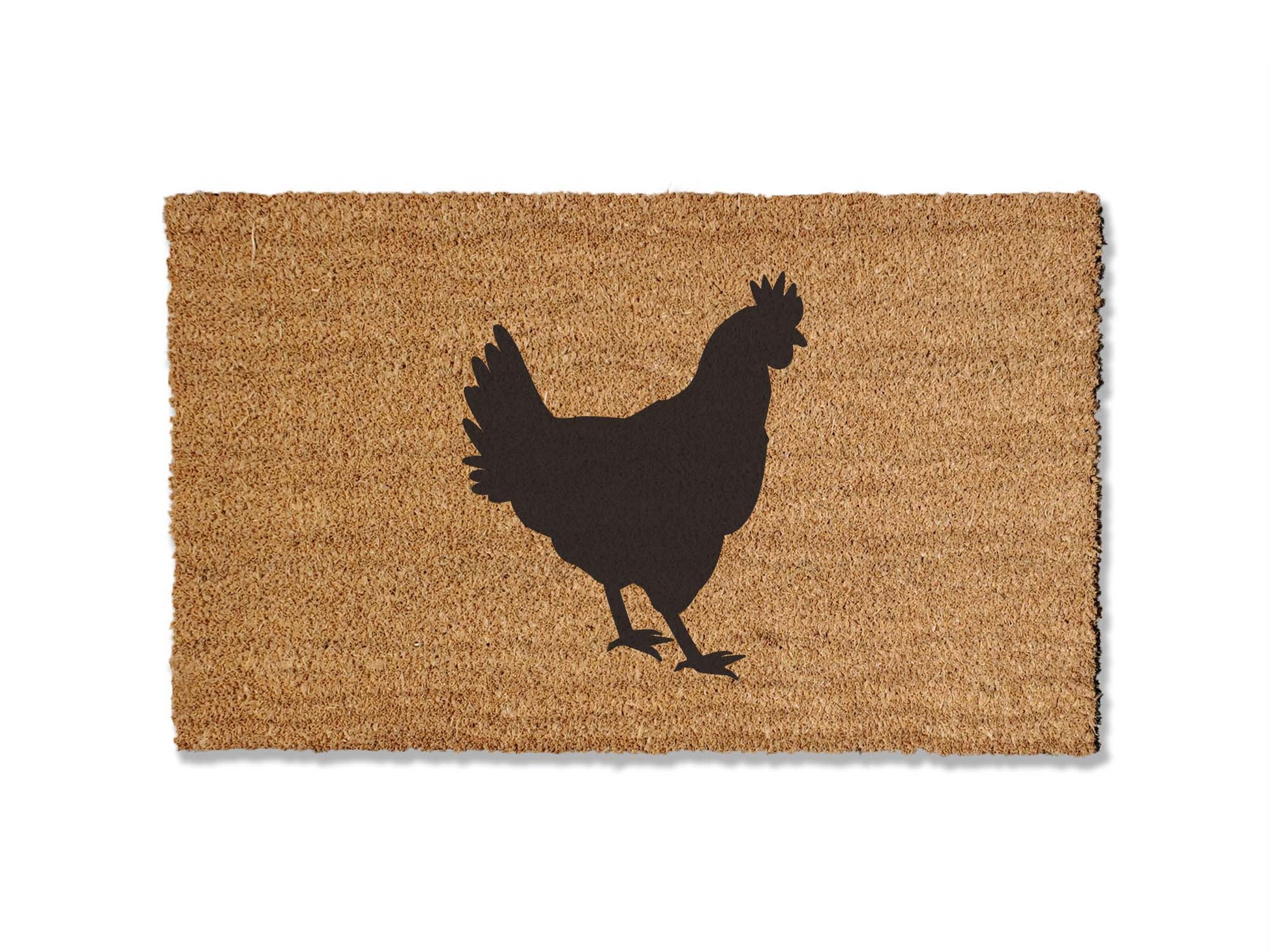Add a touch of farmhouse charm to your doorstep with our coir doormat featuring an adorable chicken design. Ideal for chicken owners or farmhouse enthusiasts, this durable mat, designed to stop dirt in its tracks, is a delightful and practical addition to your entryway.