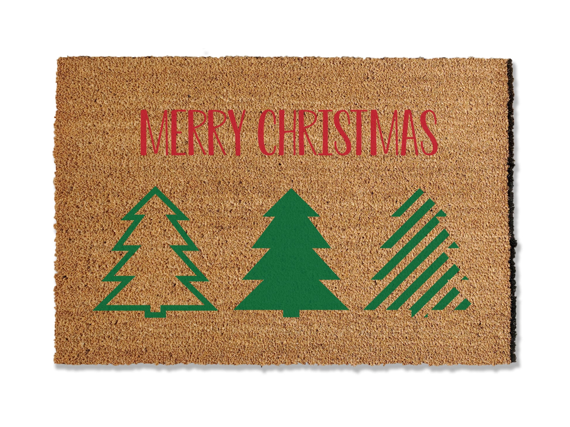 Embrace the holiday spirit with our seasonal coir doormat featuring Christmas trees and the greeting 'Merry Christmas.' Perfect for the festive season, this mat adds a touch of holiday cheer to your doorstep. Available in multiple sizes, it not only enhances your entryway with seasonal charm but also effectively traps dirt.