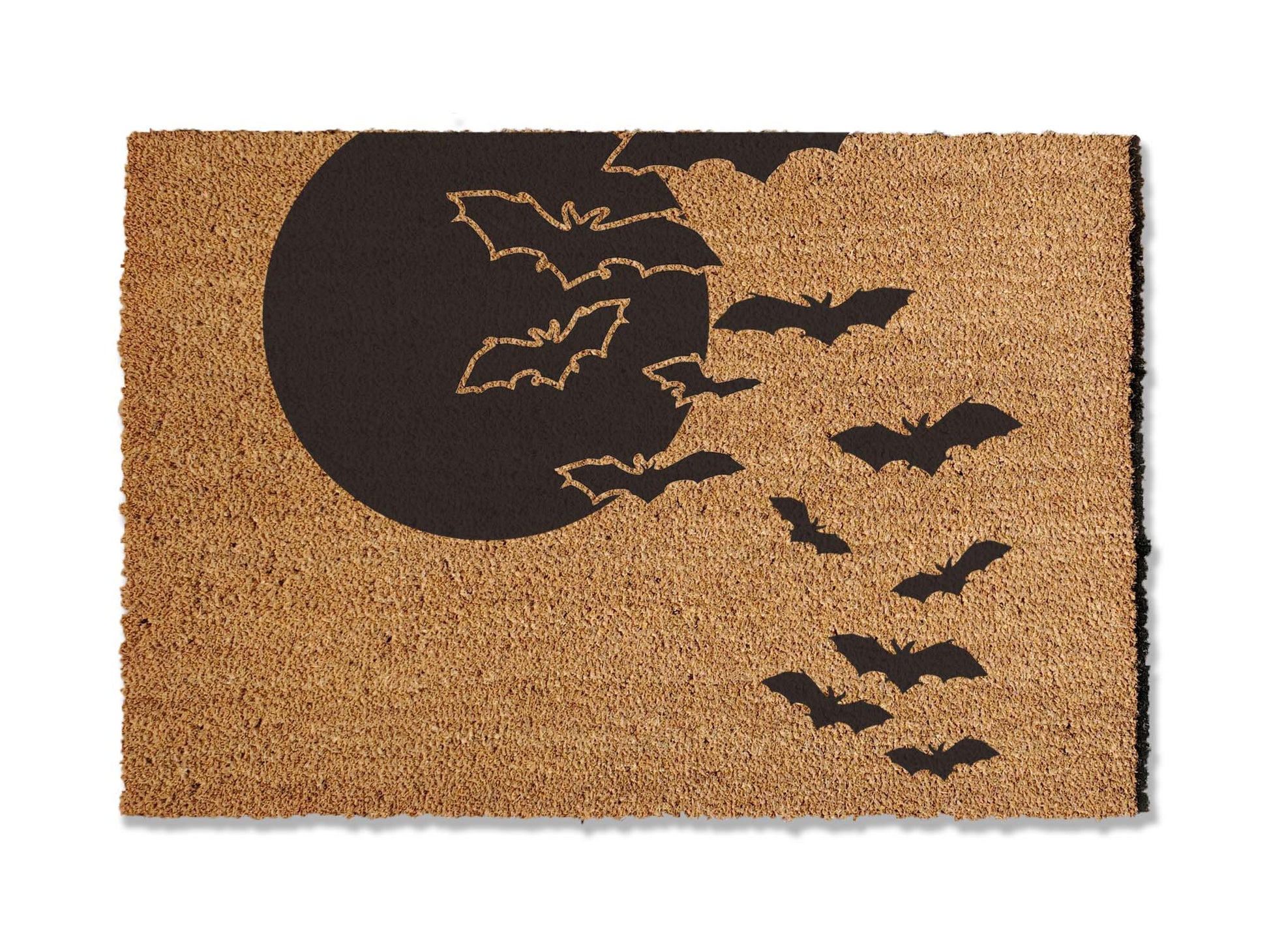 A coir doormat that is 24 inches by 36 inches and has a colony of bats flying towards a full moon painted on it.