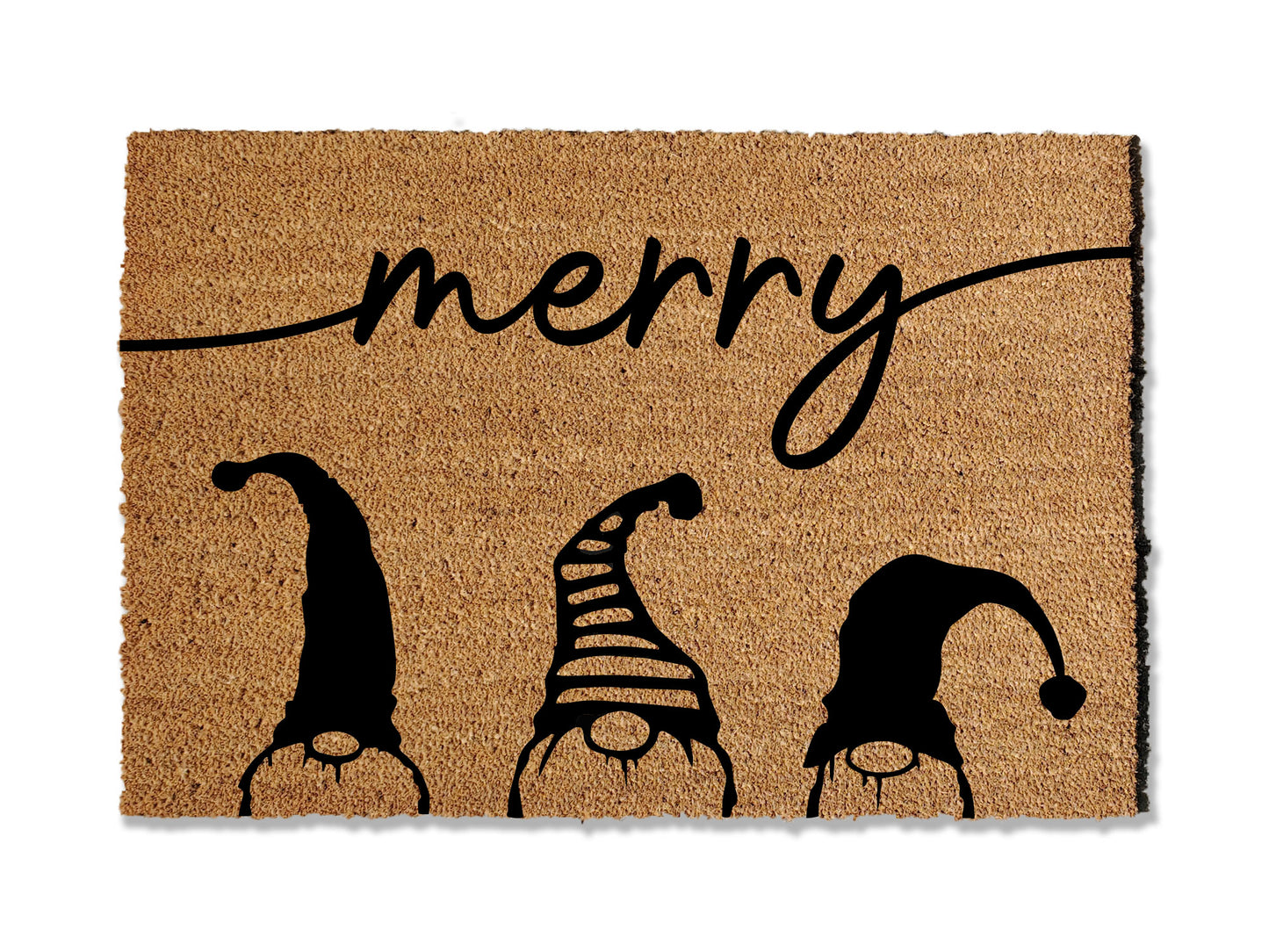 Embrace the holiday spirit with our seasonal coir doormat featuring three gnomes and the greeting 'Merry' Perfect for the holiday season, this mat adds a touch of holiday cheer to your doorstep. Available in multiple sizes, it not only enhances your entryway with seasonal charm but also effectively traps dirt.
