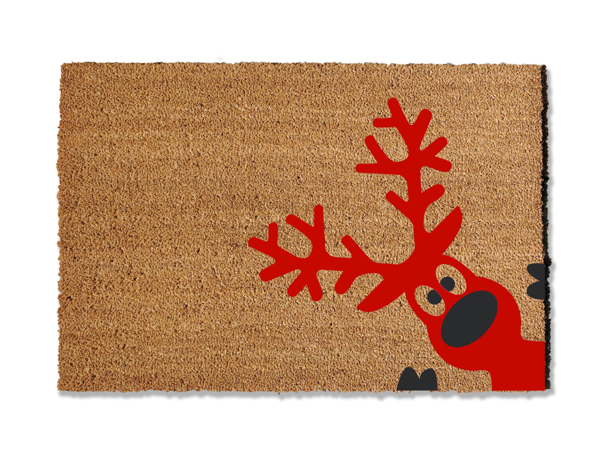 1/2 inch thick coir doormat adorned with an adorable reindeer. Perfect for elevating your entryway this holiday season, this decorative mat not only adds seasonal charm but is also highly effective at trapping dirt, ensuring a festive and tidy welcome."