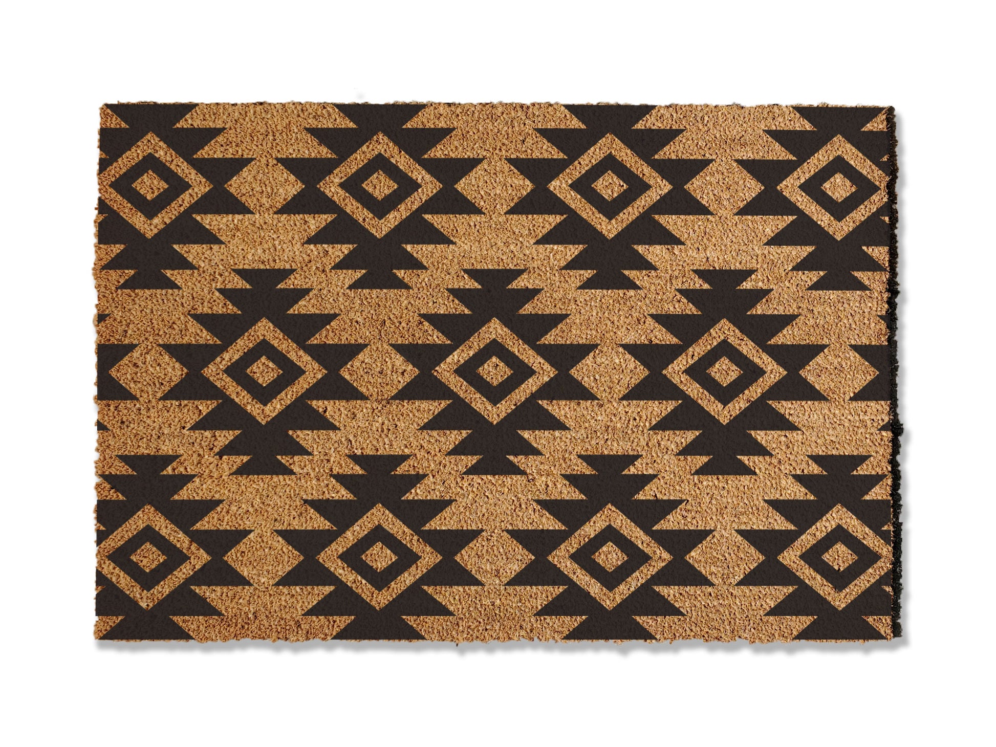A coir doormat that is 24 inches by 36 inches and has a geometric aztec print painted on it.