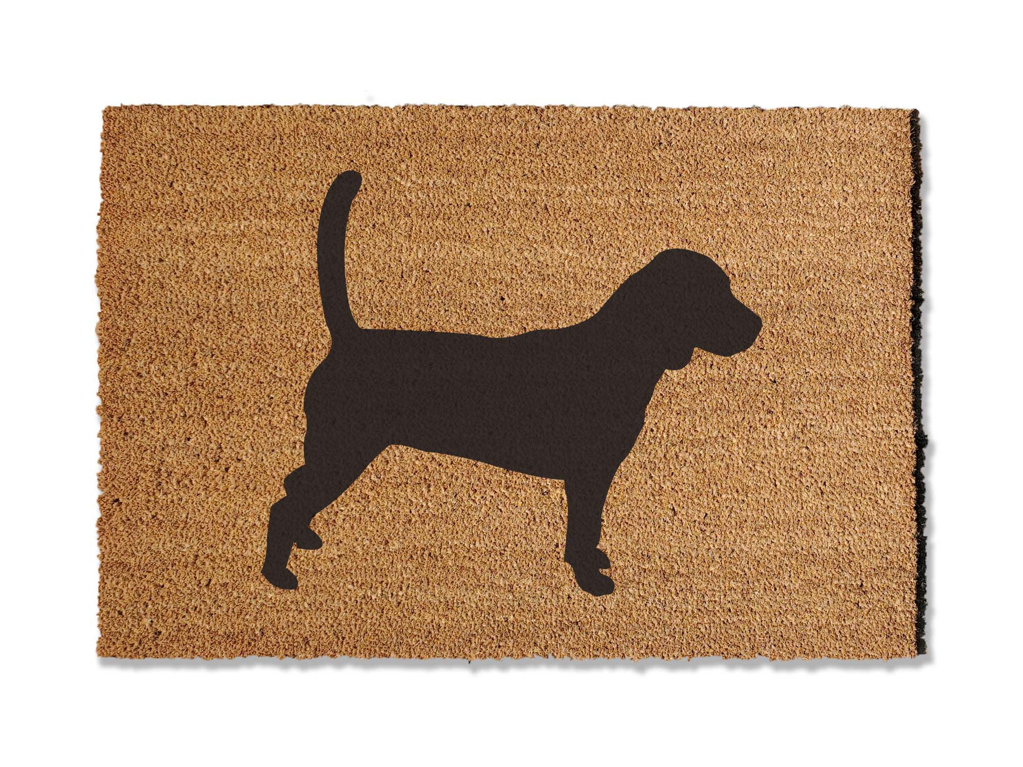 A coir doormat that is 24 inches by 36 inches with the silhouette of a beagle painted on it.