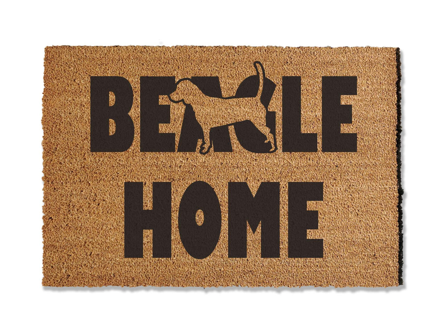 A coir doormat that is 24 inches by 36 inches what the text BEAGLE HOME on it and the silhouette of a beagle.