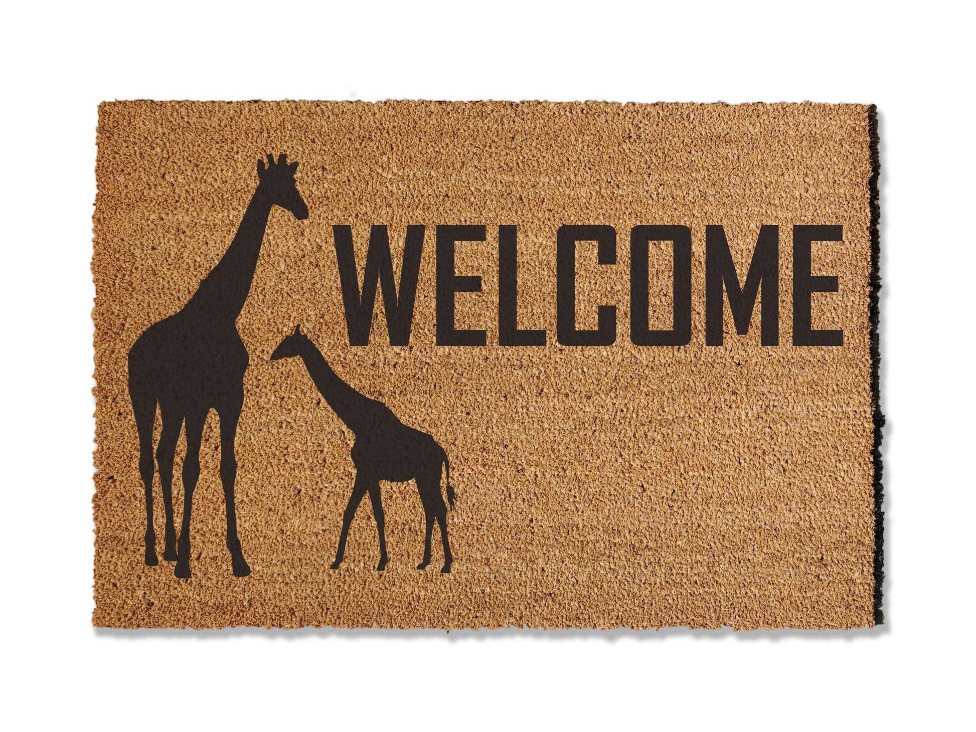 Introducing our giraffe-themed coir doormat, available in multiple sizes. Elevate your entryway with this charming design, offering both durability and style. Welcome guests with the perfect touch by incorporating this unique giraffe doormat into your home's decor.