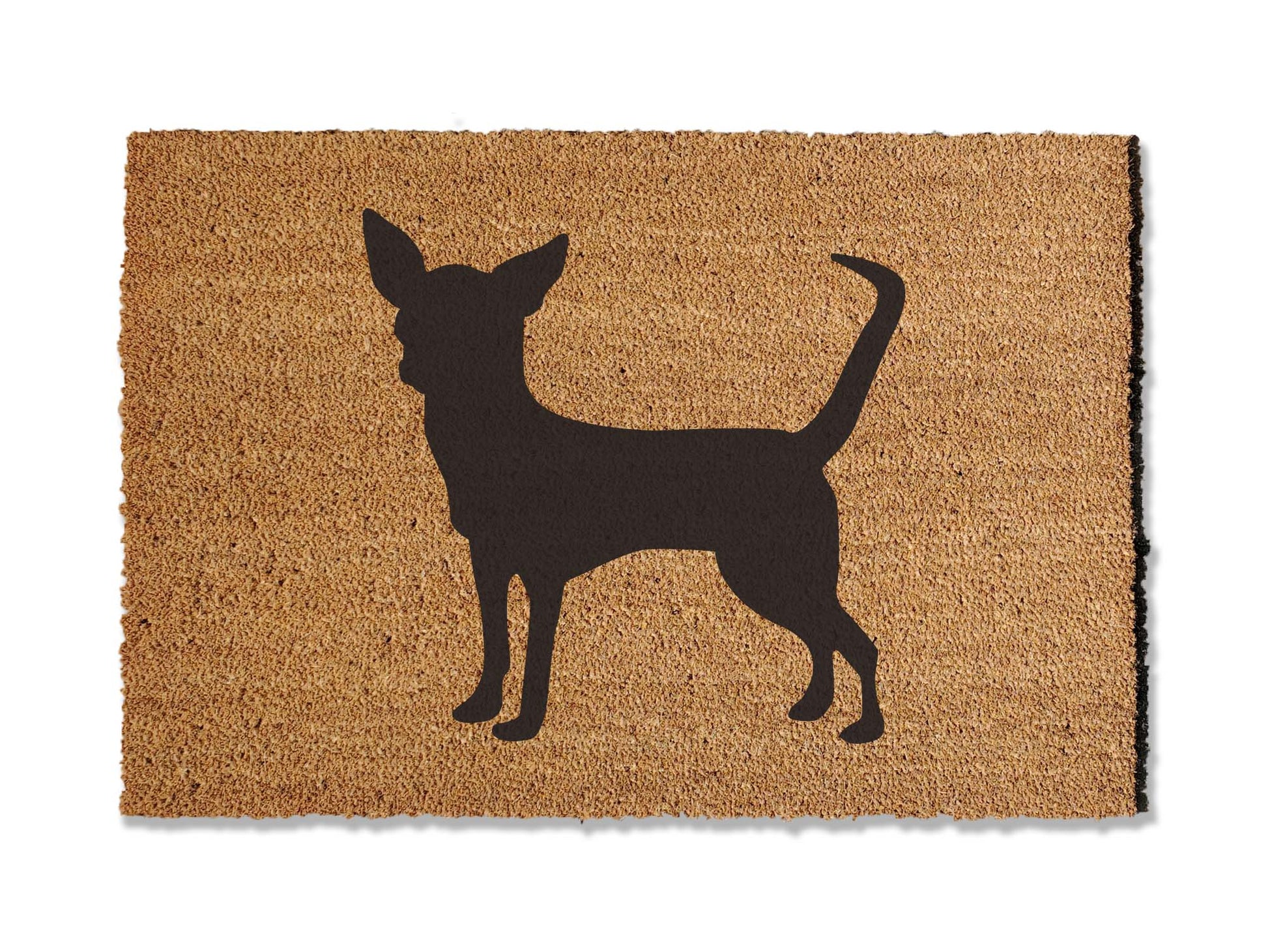 Custom 1/2 inch thick coir doormat featuring a charming chihuahua design. Personalize your entryway with this delightful mat, which not only adds a touch of canine charm but is also highly effective at trapping dirt, ensuring a clean and inviting home.