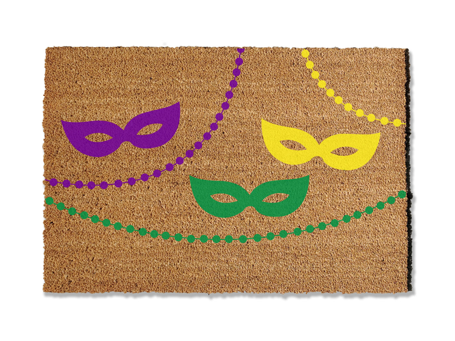 Bring the spirit of Mardi Gras to your doorstep with our festive coir doormat adorned with colorful masks and beads. Perfect for the celebration, this vibrant mat adds a touch of carnival flair to your entryway.