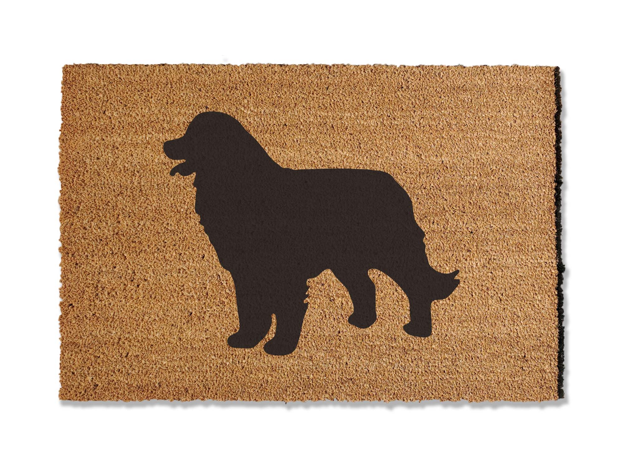 A coir doormat that is 24 inches by 36 inches with the silhouette of a Bernese Mountain Dog painted on it.