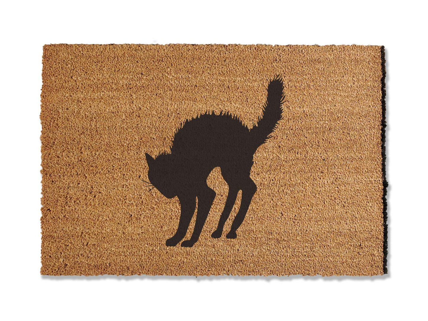 Halloween-themed 1/2 inch thick coir doormat with a scared black cat design. Perfect for adding a touch of spookiness to your entryway. This decorative mat is also highly effective at trapping dirt, combining style and functionality for a festive entrance.