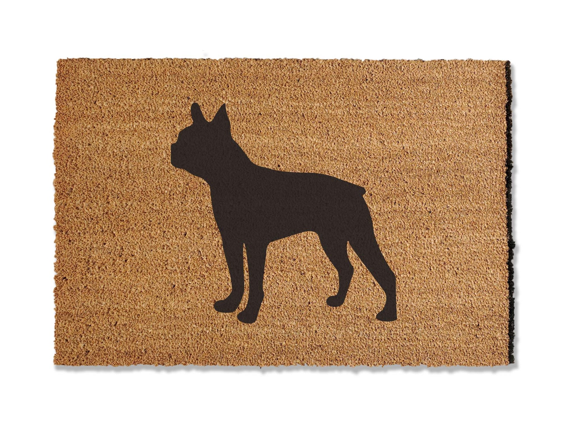 Custom 1/2 inch thick coir doormat featuring a charming boston terrier design. Personalize your entryway with this delightful mat, which not only adds a touch of canine charm but is also highly effective at trapping dirt, ensuring a clean and inviting home.