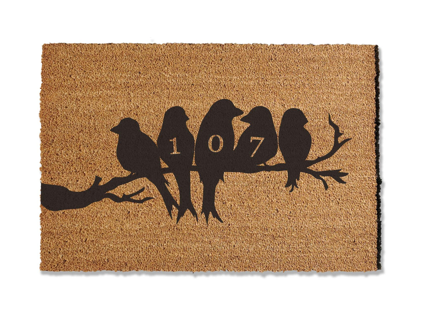 Personalized 1/2 inch thick coir doormat featuring a custom design of birds on a branch, with the option to add your house numbers on the birds. This unique mat not only adds a personalized touch to your entryway but also excels at trapping dirt, enhancing both style and functionality.