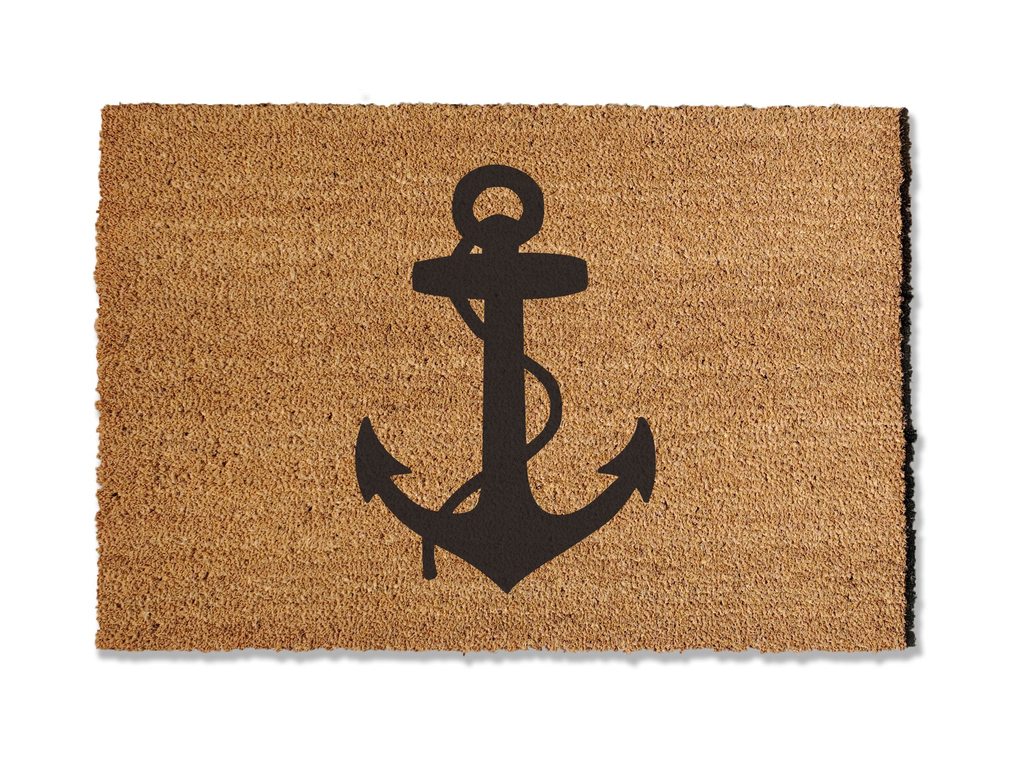 A coir doormat that is 24 inches by 36 inches and has a black anchor printed on it.