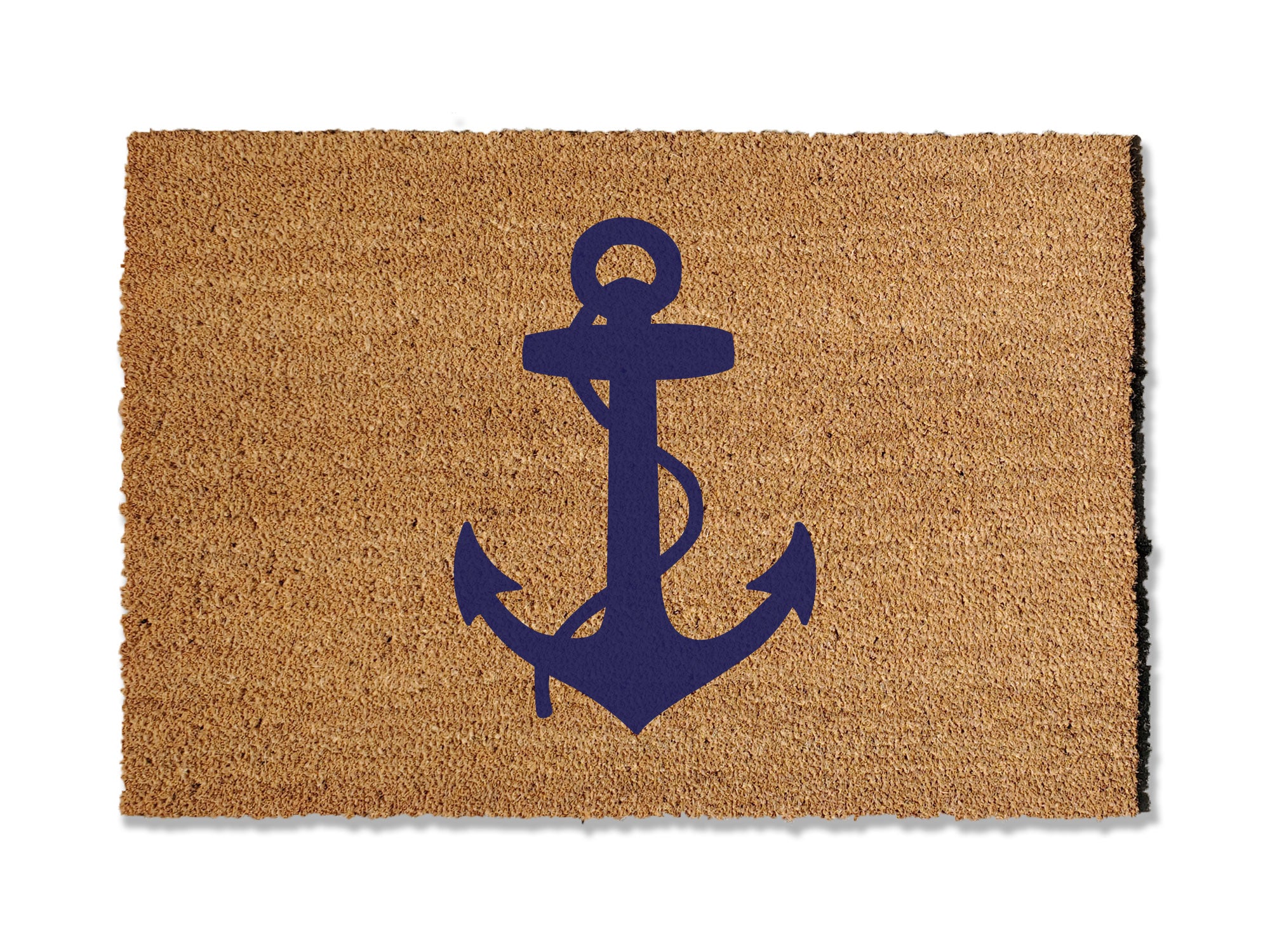 A coir doormat that is 24 inches by 36 inches and has a navy anchor printed on it.