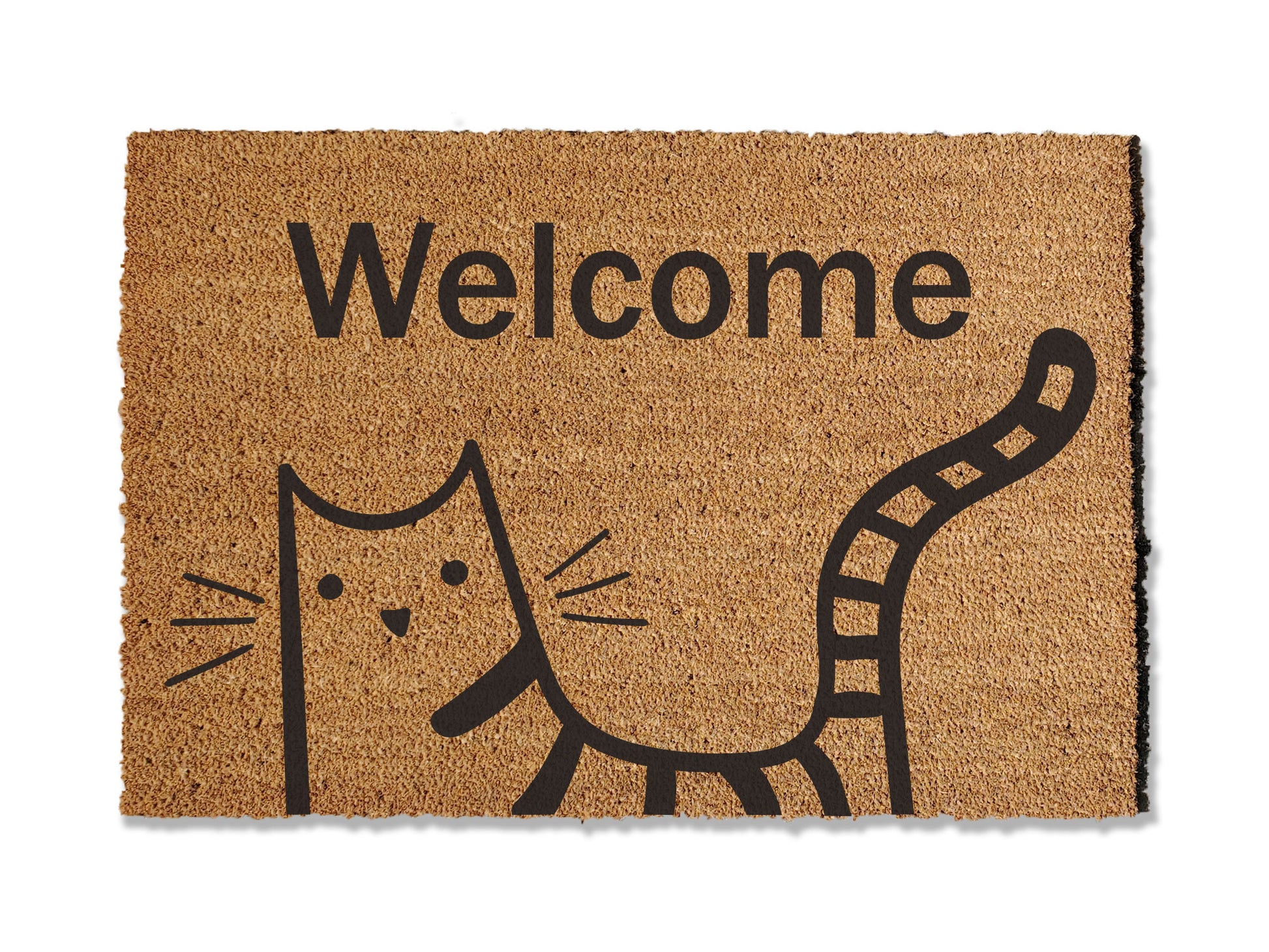 Custom 1/2 inch thick coir doormat featuring a charming cat welcome mat. Elevate your entryway with this personalized mat that not only adds a touch of feline charm but is also highly effective at trapping dirt, ensuring a clean and inviting home.