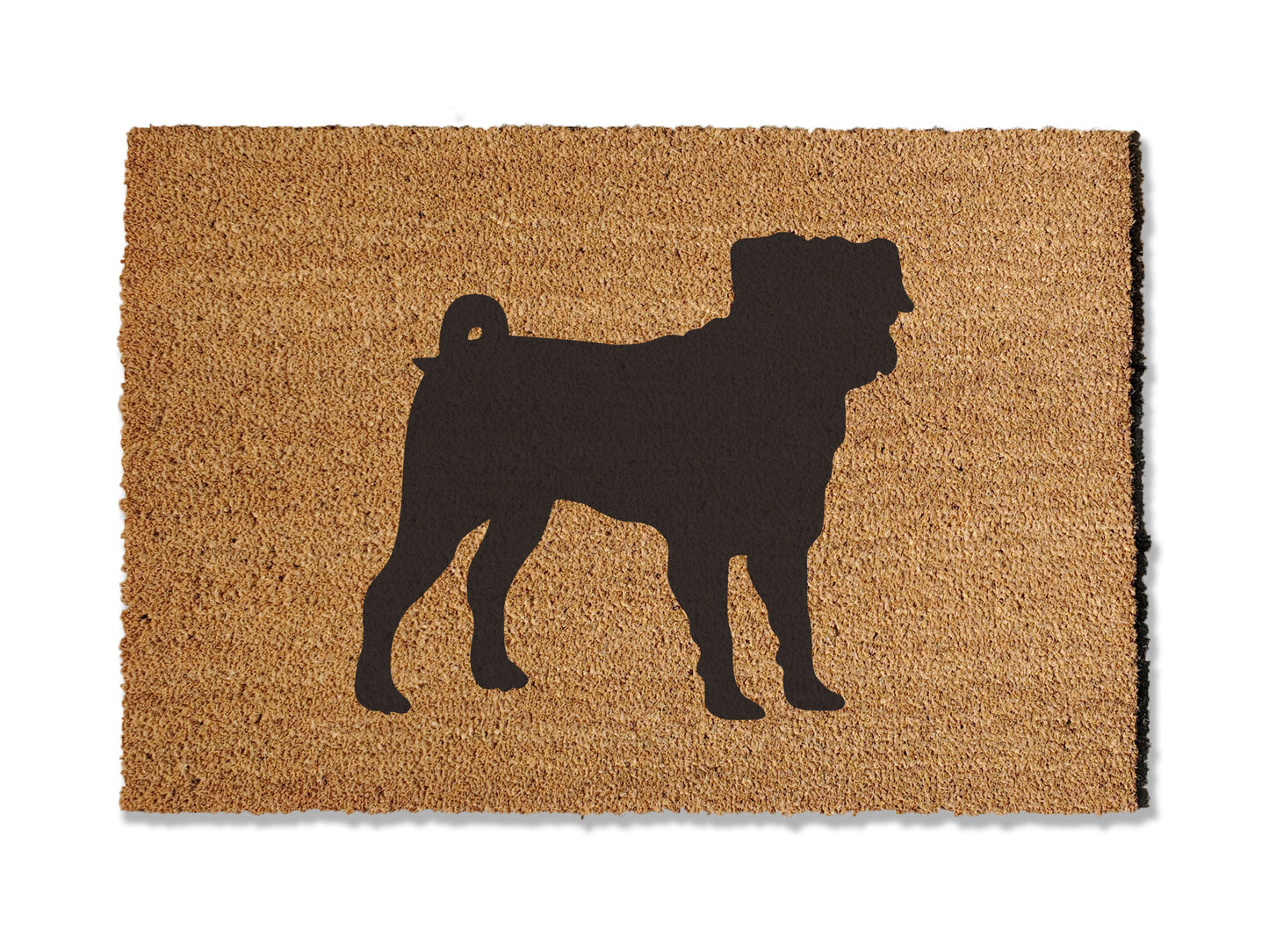 Coir doormat featuring an adorable Pug design, ideal for dog lovers. This doormat is not only charming but also effective at trapping dirt. Available in multiple sizes to suit your entryway needs.