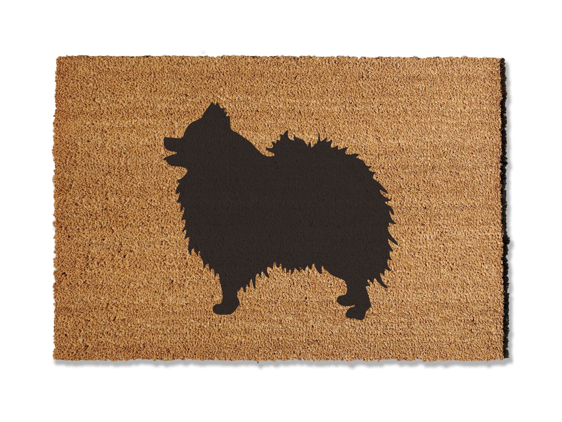 Coir doormat featuring an adorable Pomeranian design, ideal for dog lovers. This doormat is not only charming but also effective at trapping dirt. Available in multiple sizes to suit your entryway needs.