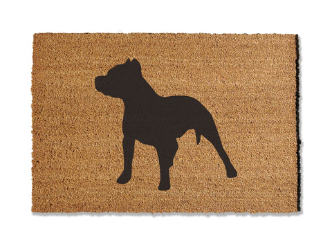 Coir doormat featuring an adorable pit bull design, ideal for dog lovers. This doormat is not only charming but also effective at trapping dirt. Available in multiple sizes to suit your entryway needs.