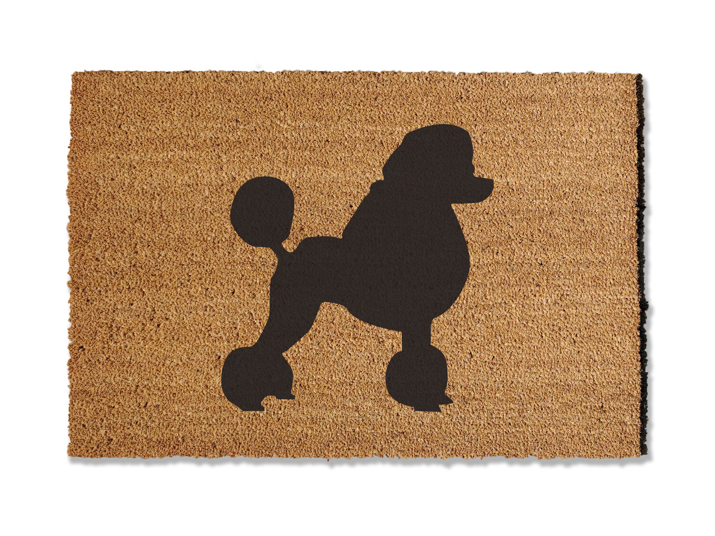 Coir doormat featuring an adorable Poodle design, ideal for dog lovers. This doormat is not only charming but also effective at trapping dirt. Available in multiple sizes to suit your entryway needs.